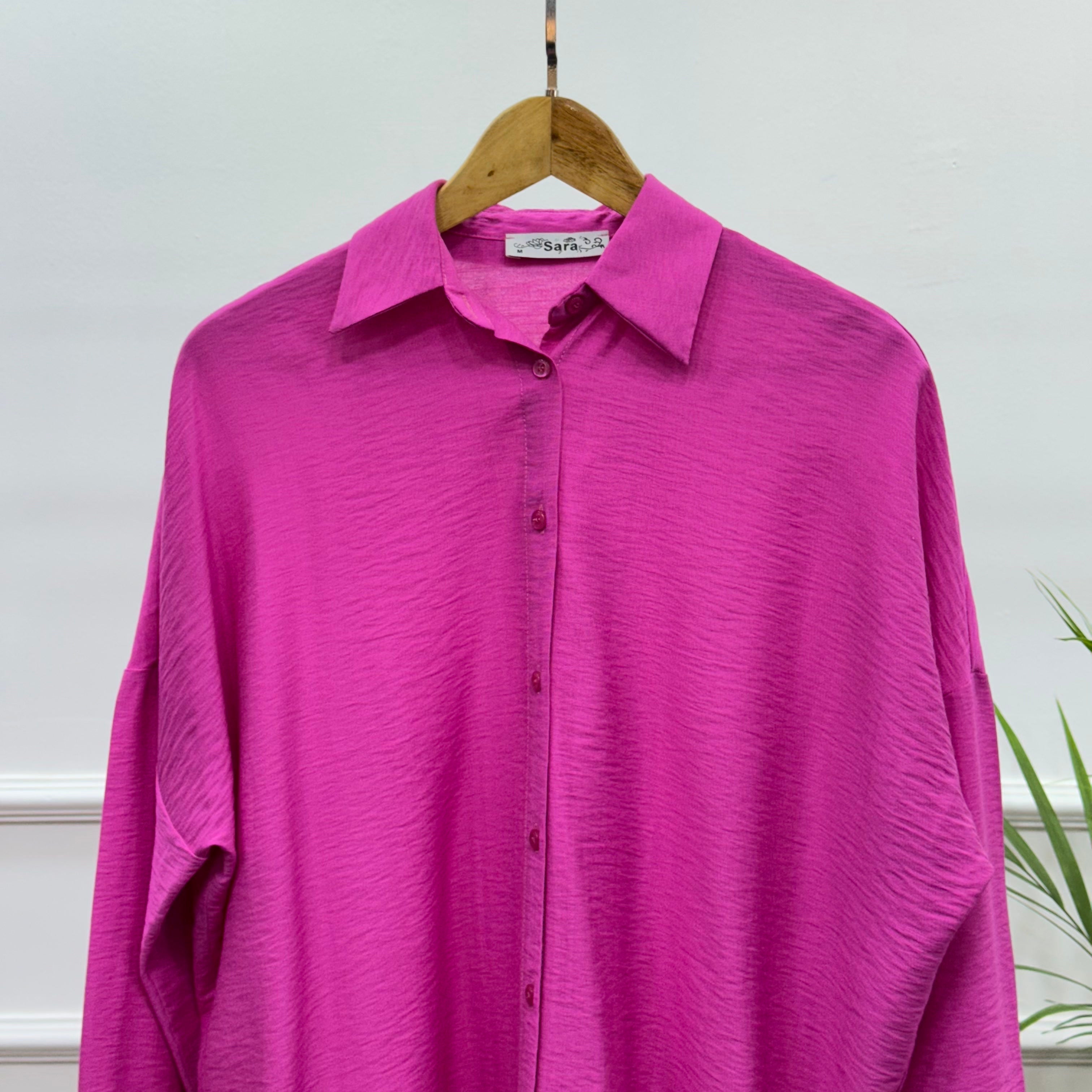 Casual Oversized Shirt-Linen-Fuchsia