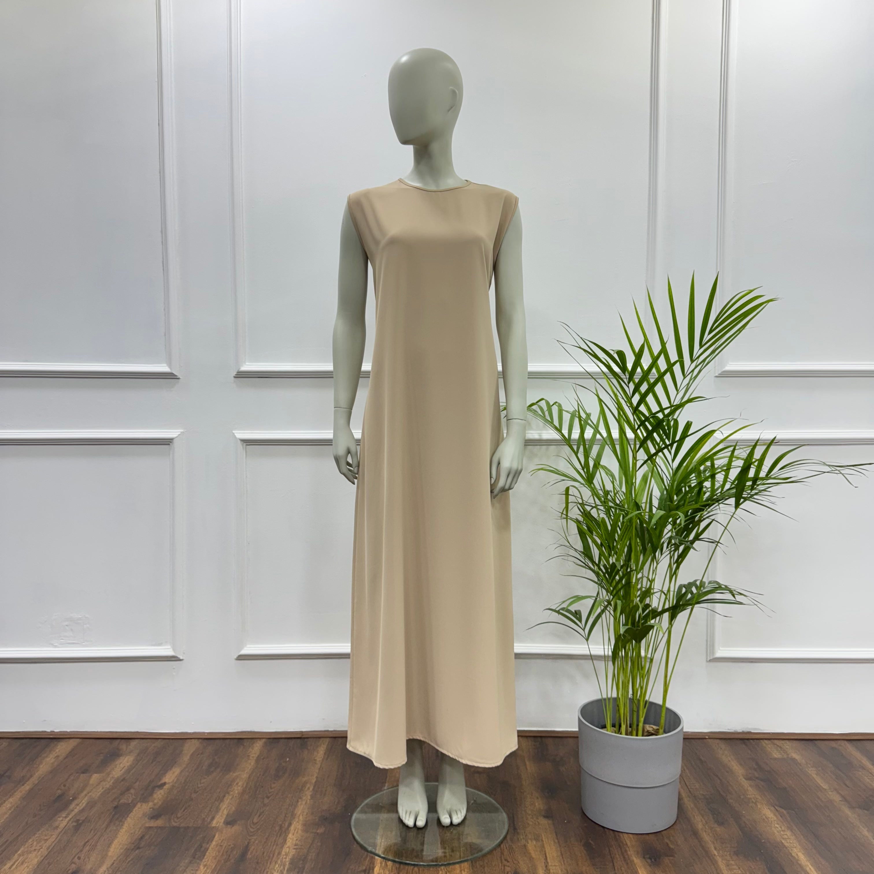 Sleeveless Basic Dress-Chiffon crepe-Beige