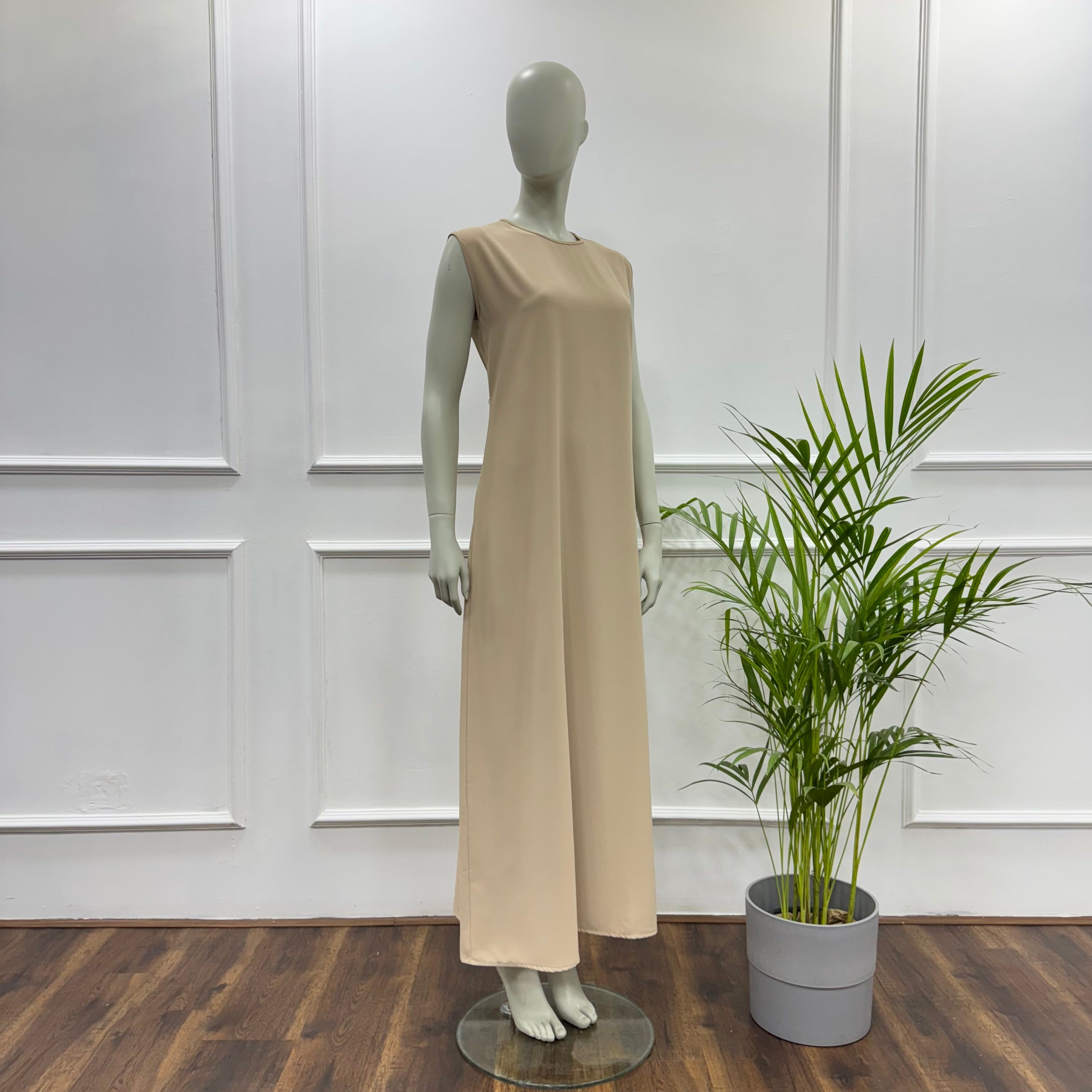 Sleeveless Basic Dress-Chiffon crepe-Beige