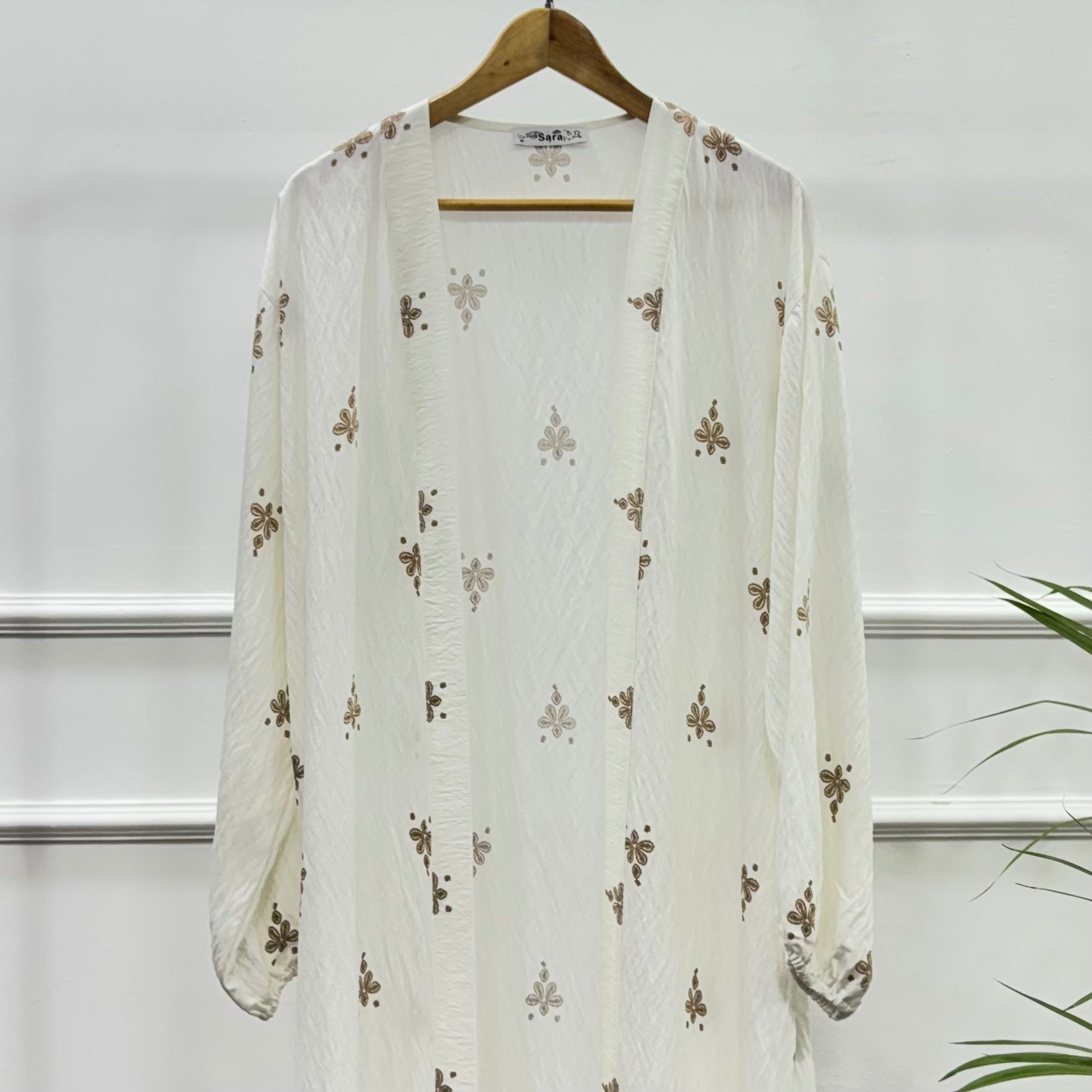 Long Open-front Border Printed Kimono cardigan-Spanish Linen-Cafee