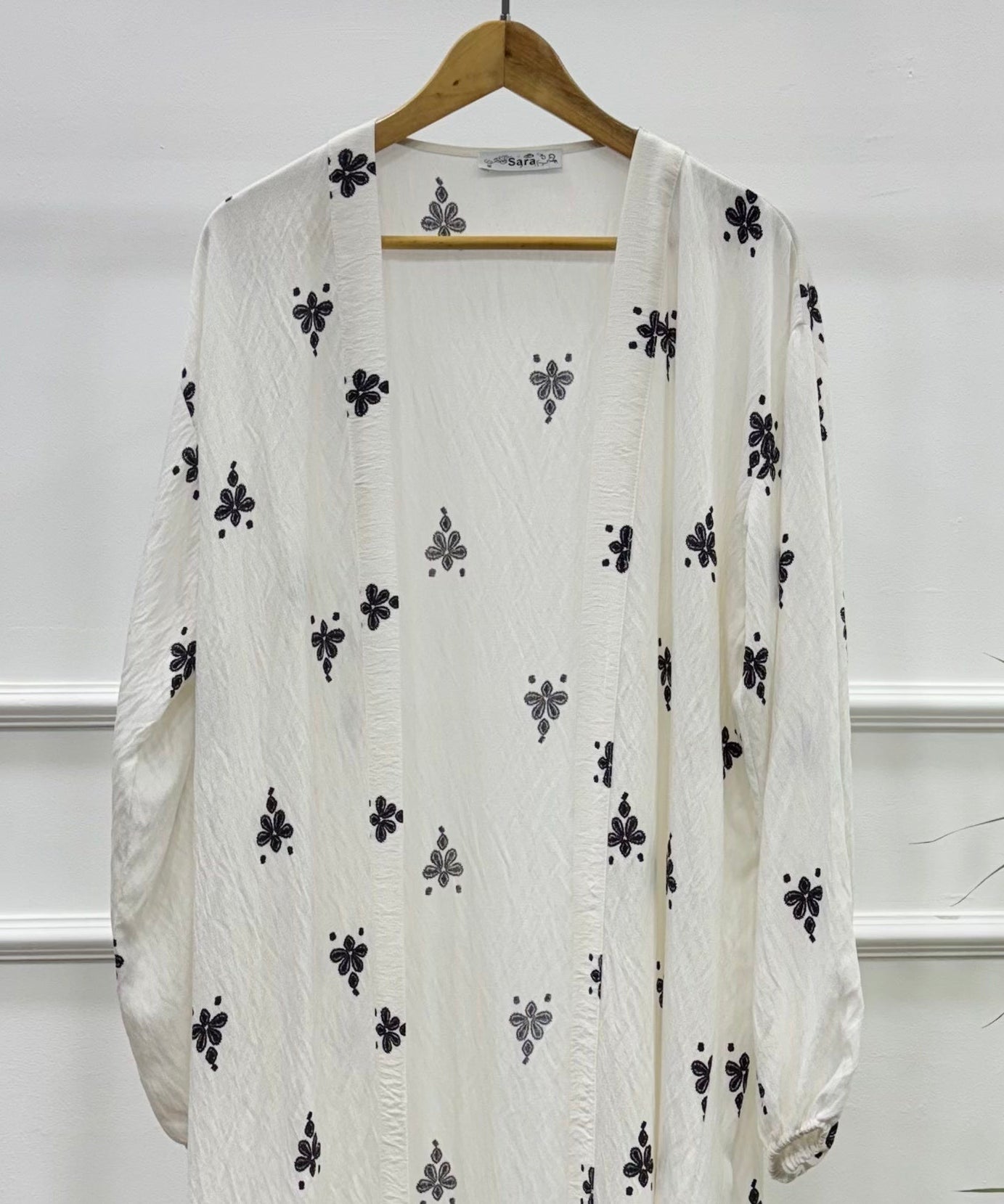 Long Open-front Border Printed Kimono cardigan-Spanish Linen-Black