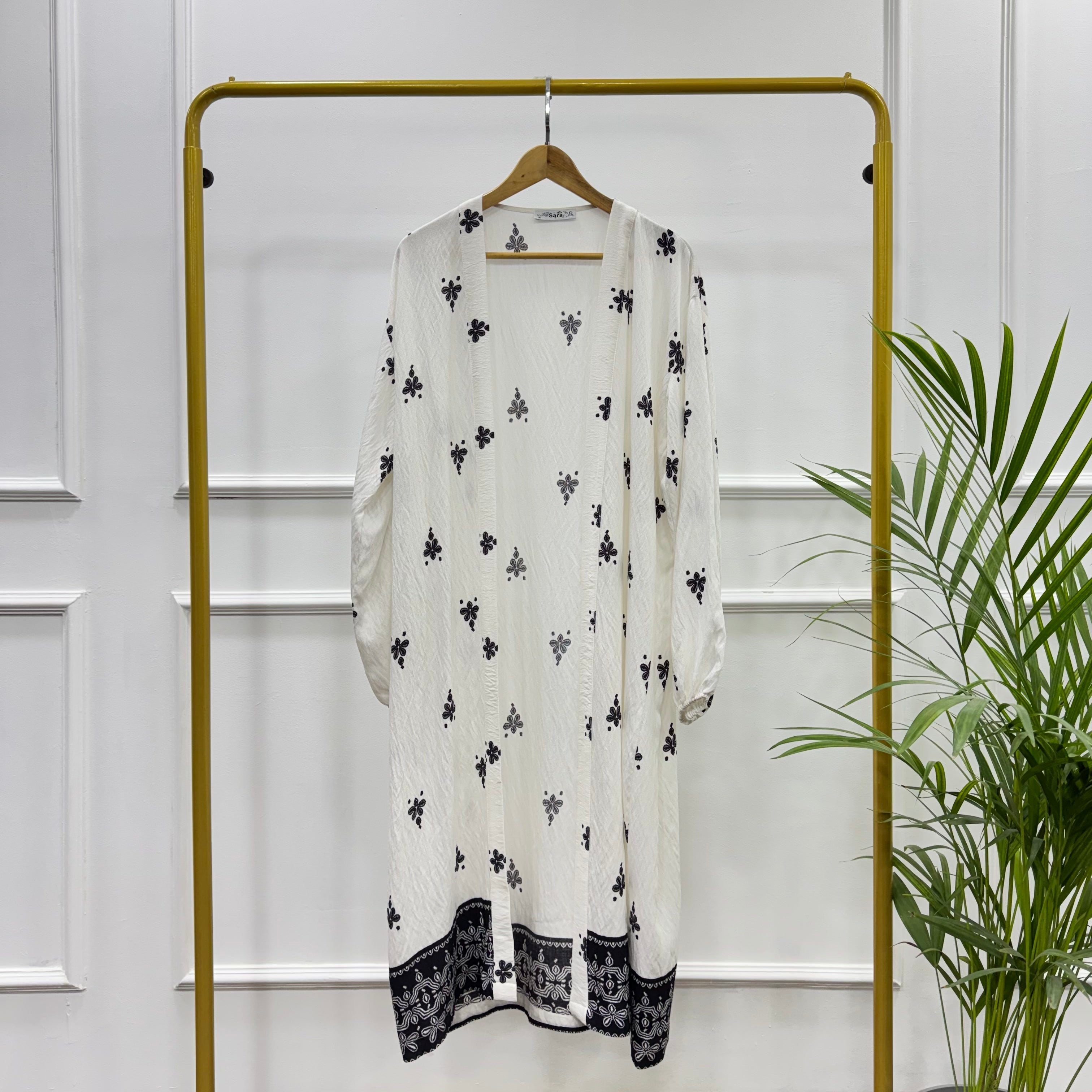 Long Open-front Border Printed Kimono cardigan-Spanish Linen-Black