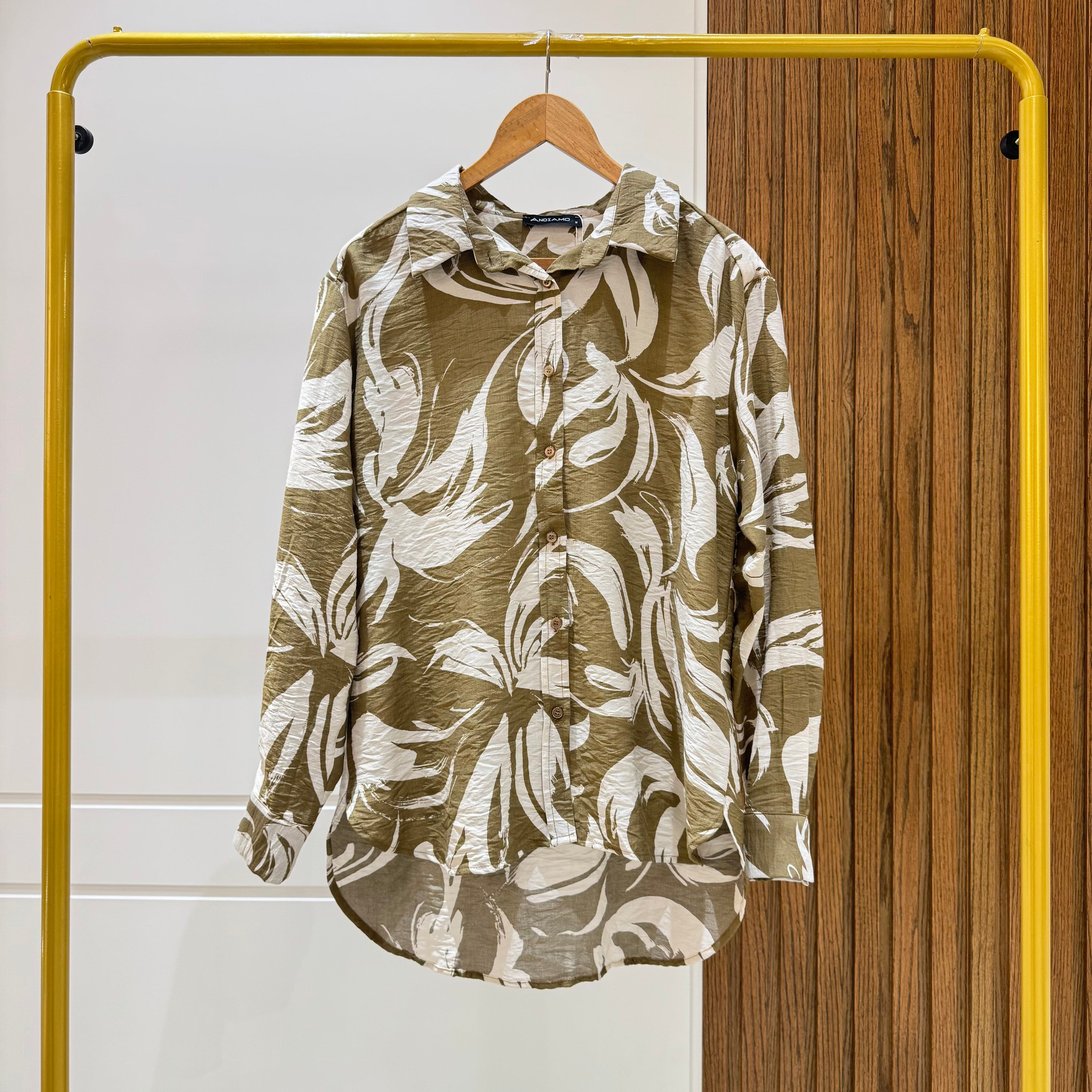 Oversized Printed Shirt-Spanish linen-Cafee