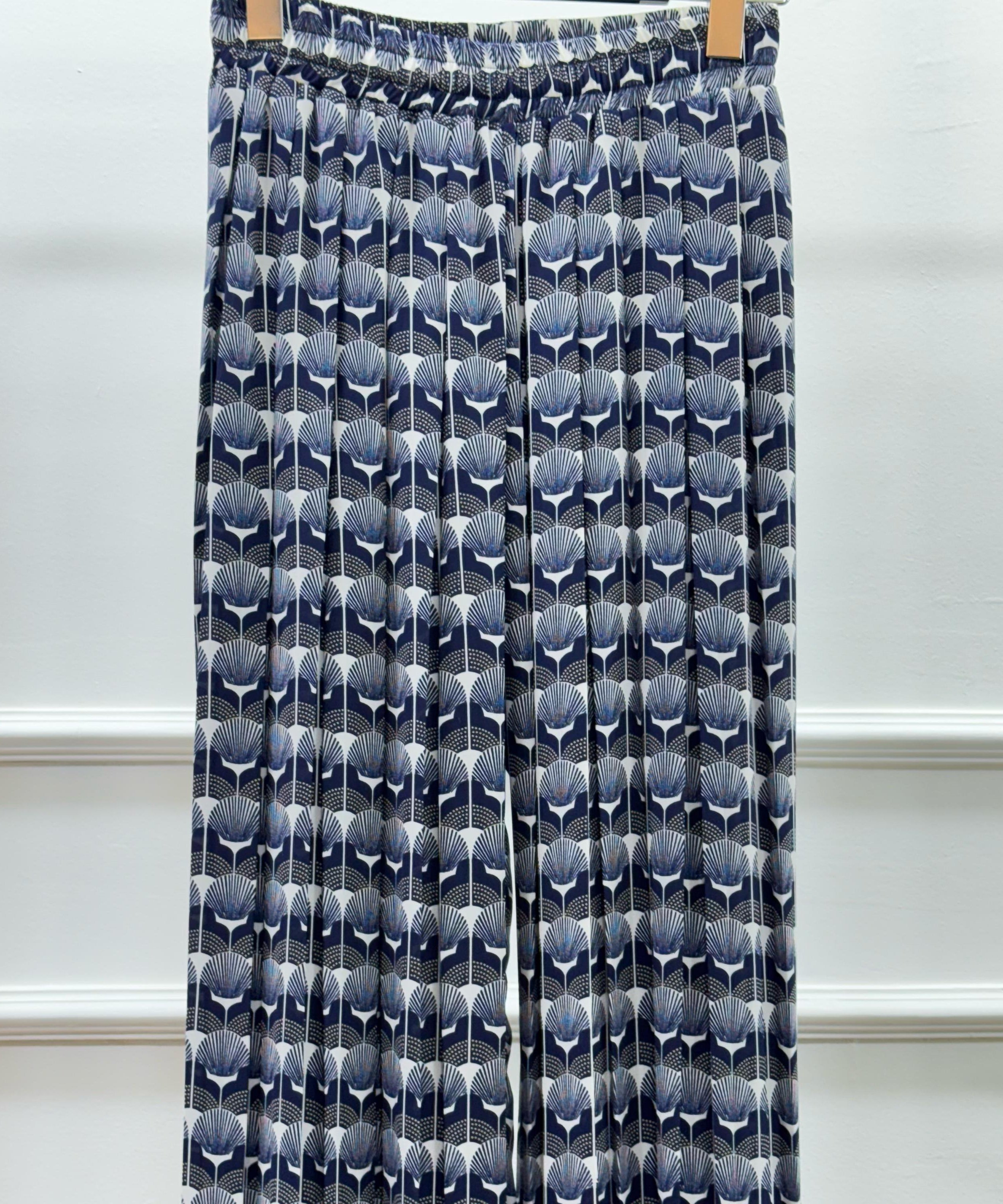 Printed Fully Pleated Trousers-Chiffon-Navy