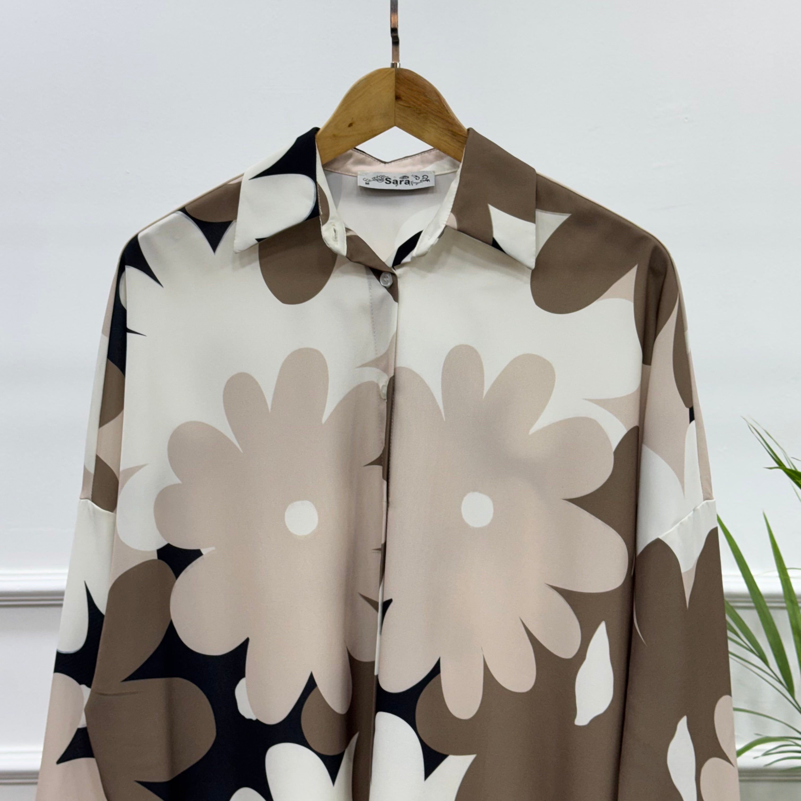 Oversized Floral Shirt-Chiffon Crepe-Beige
