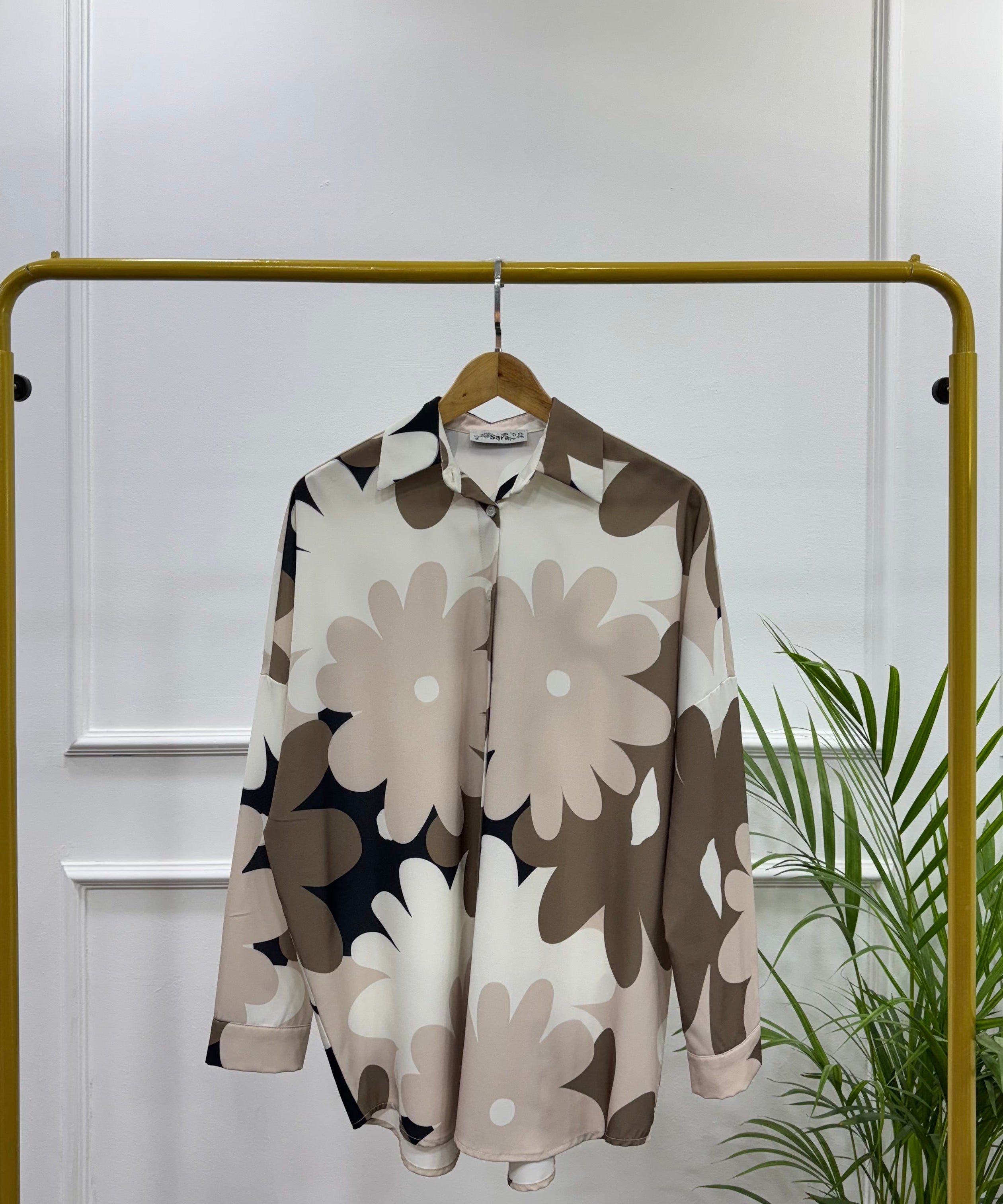 Oversized Floral Shirt-Chiffon Crepe-Beige