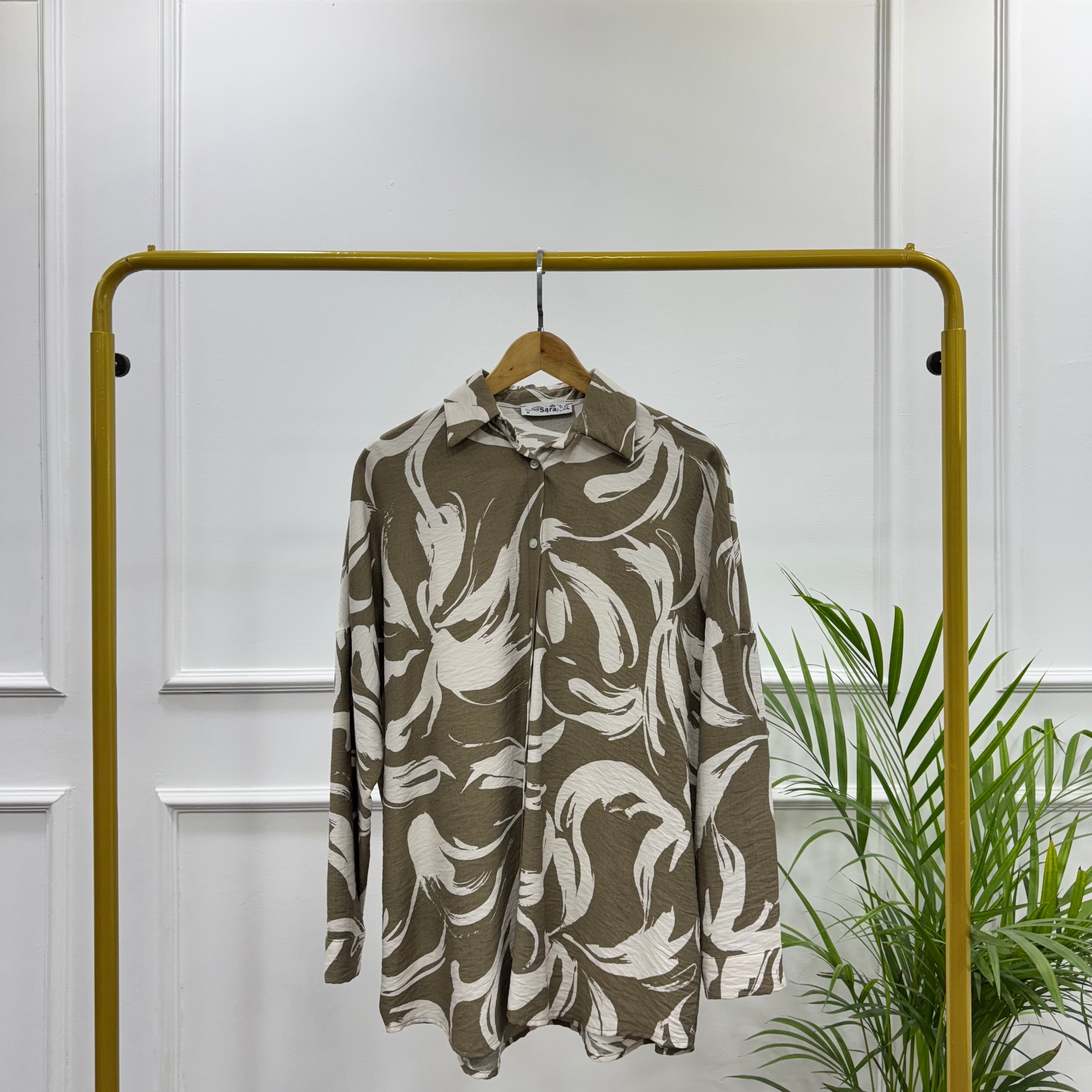 Oversized Printed Shirt-Spanish Linen-Cafee