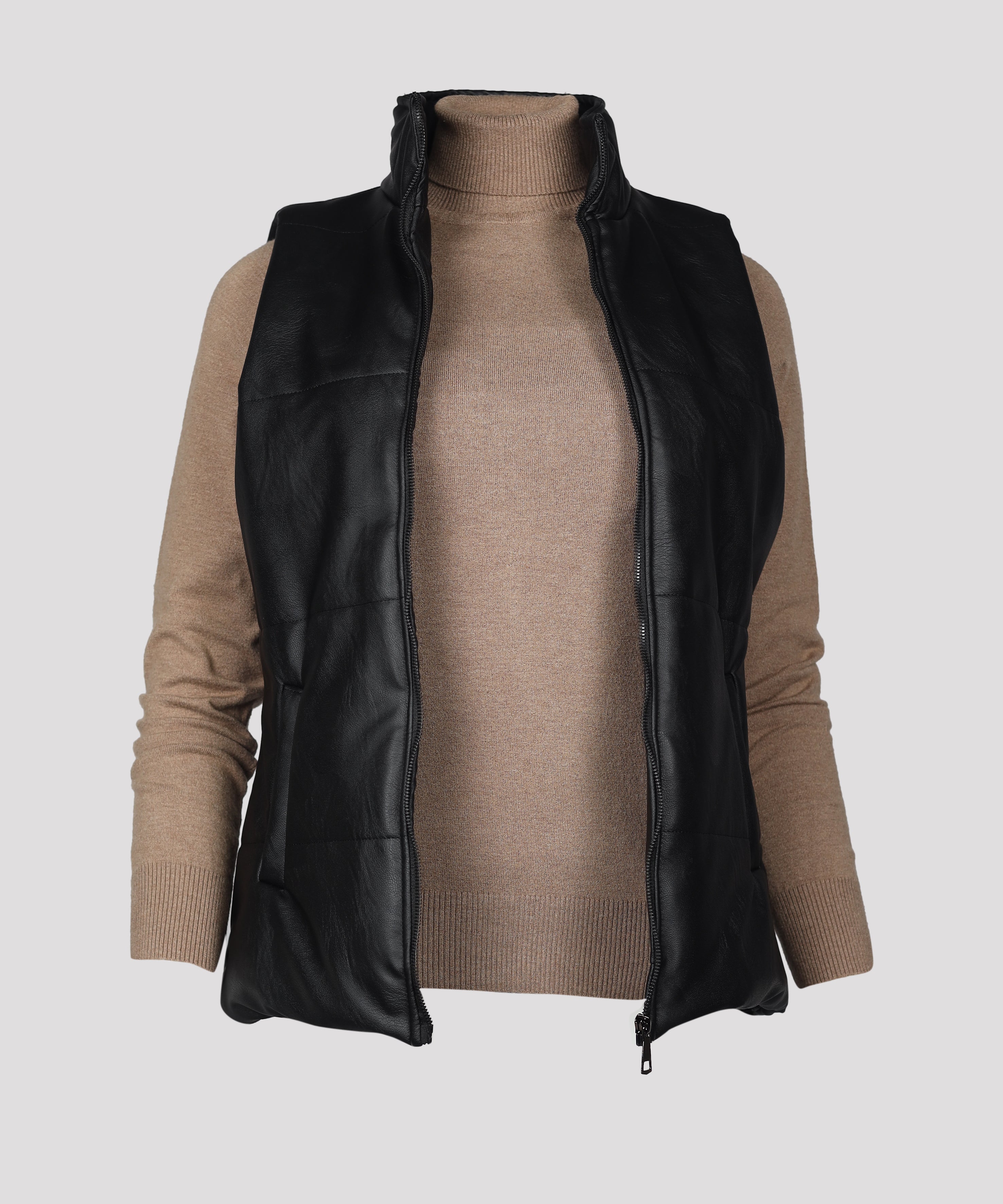 Sleeveless Jacket-Leather-BLACK