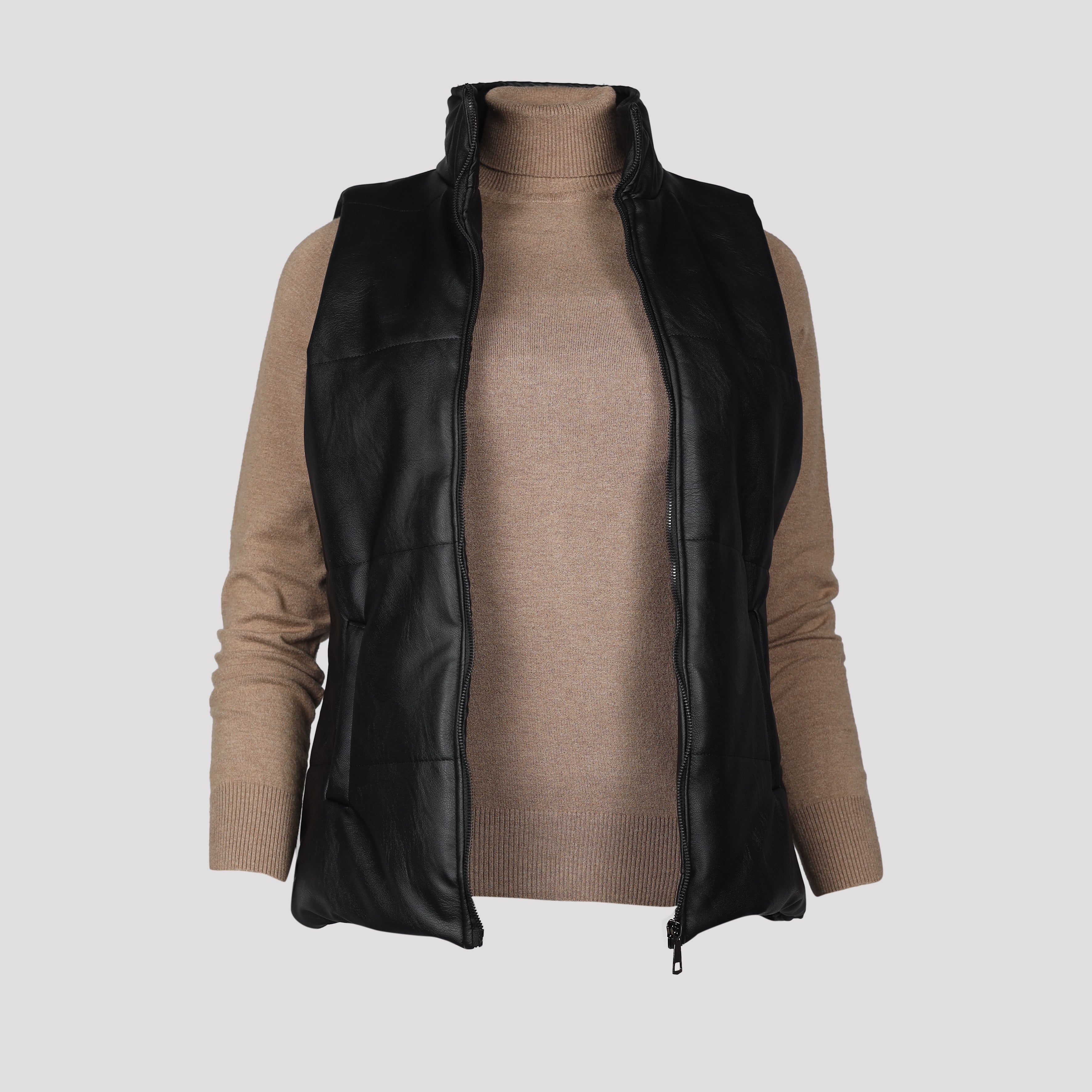 Sleeveless Jacket-Leather-BLACK