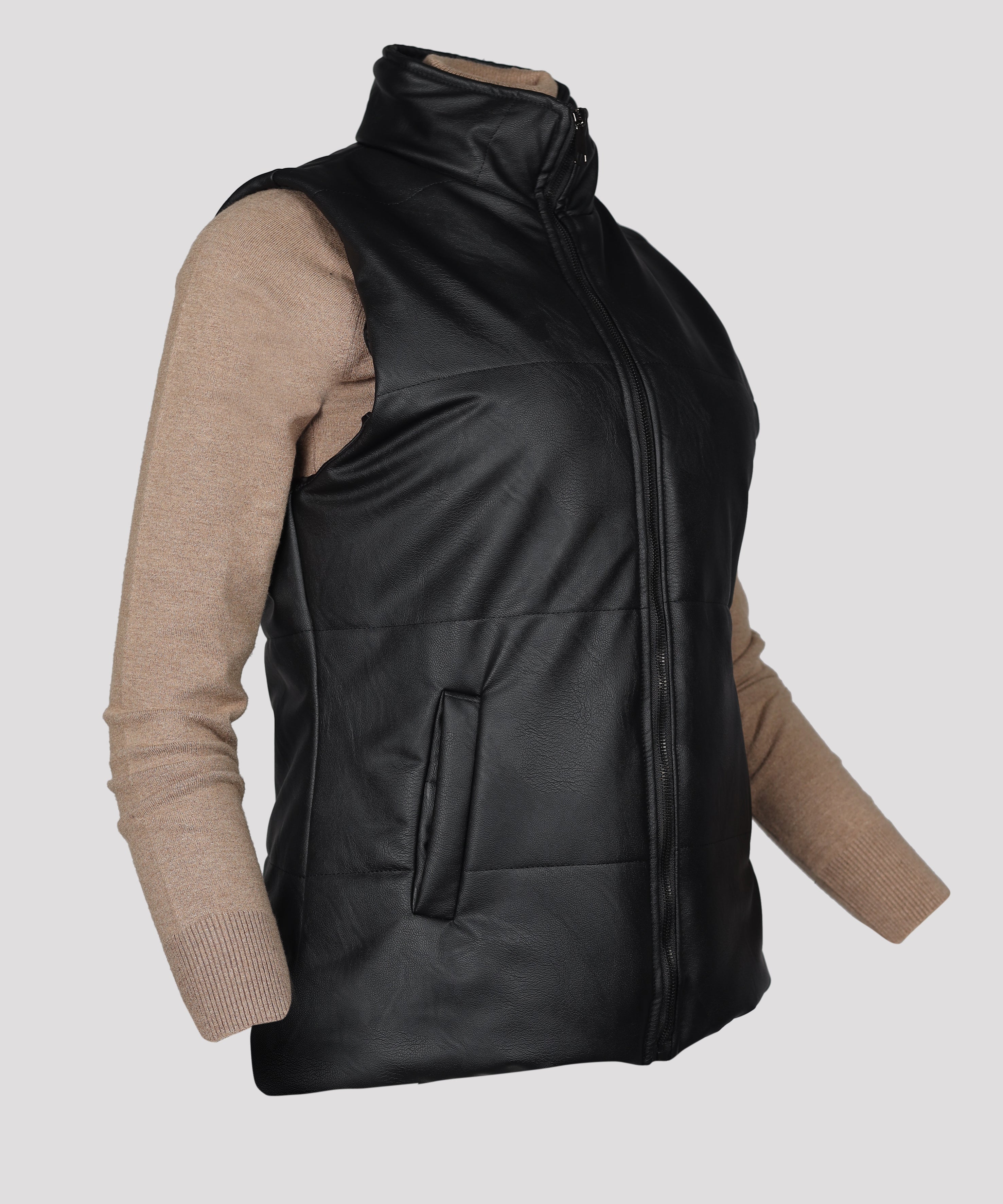 Sleeveless Jacket-Leather-BLACK