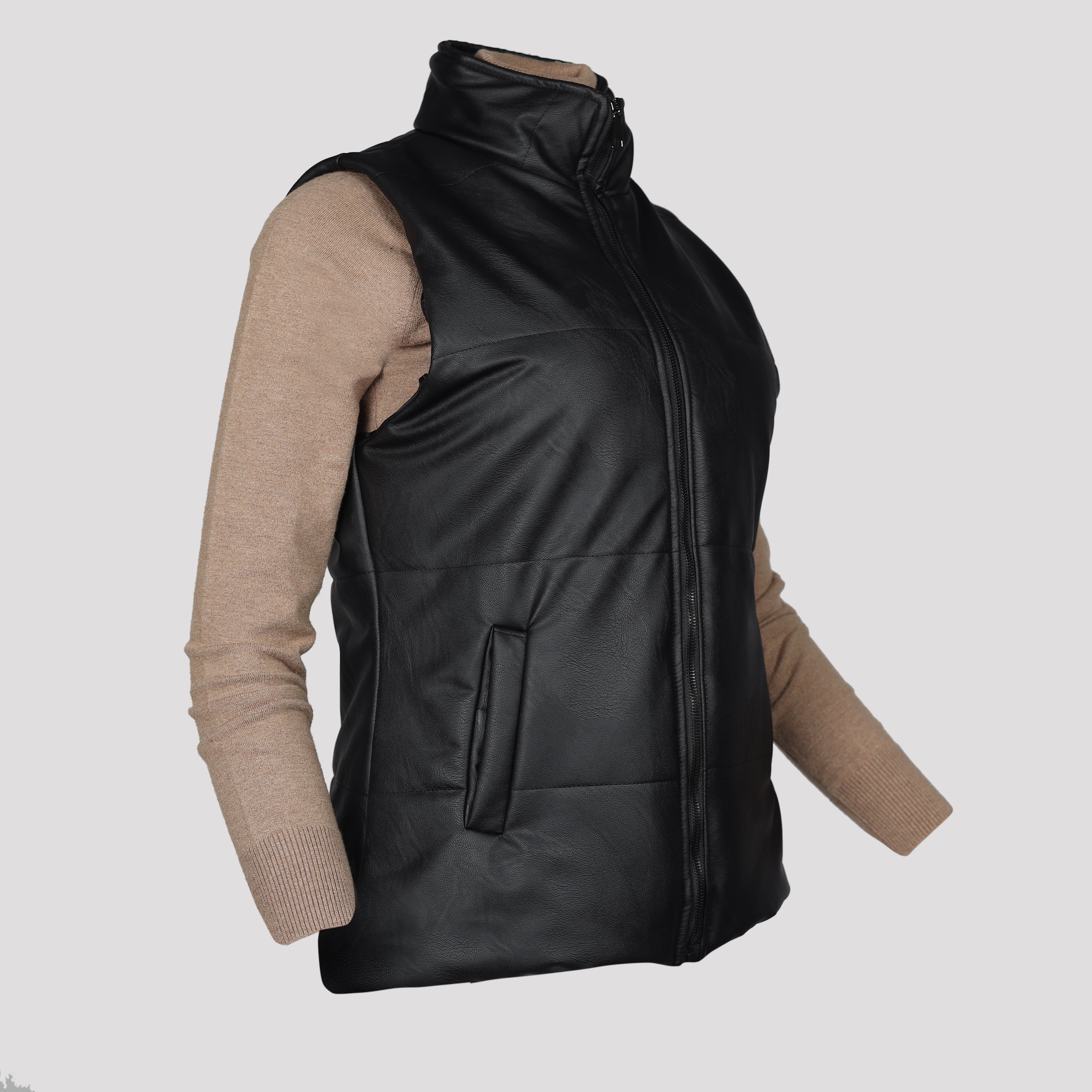 Sleeveless Jacket-Leather-BLACK
