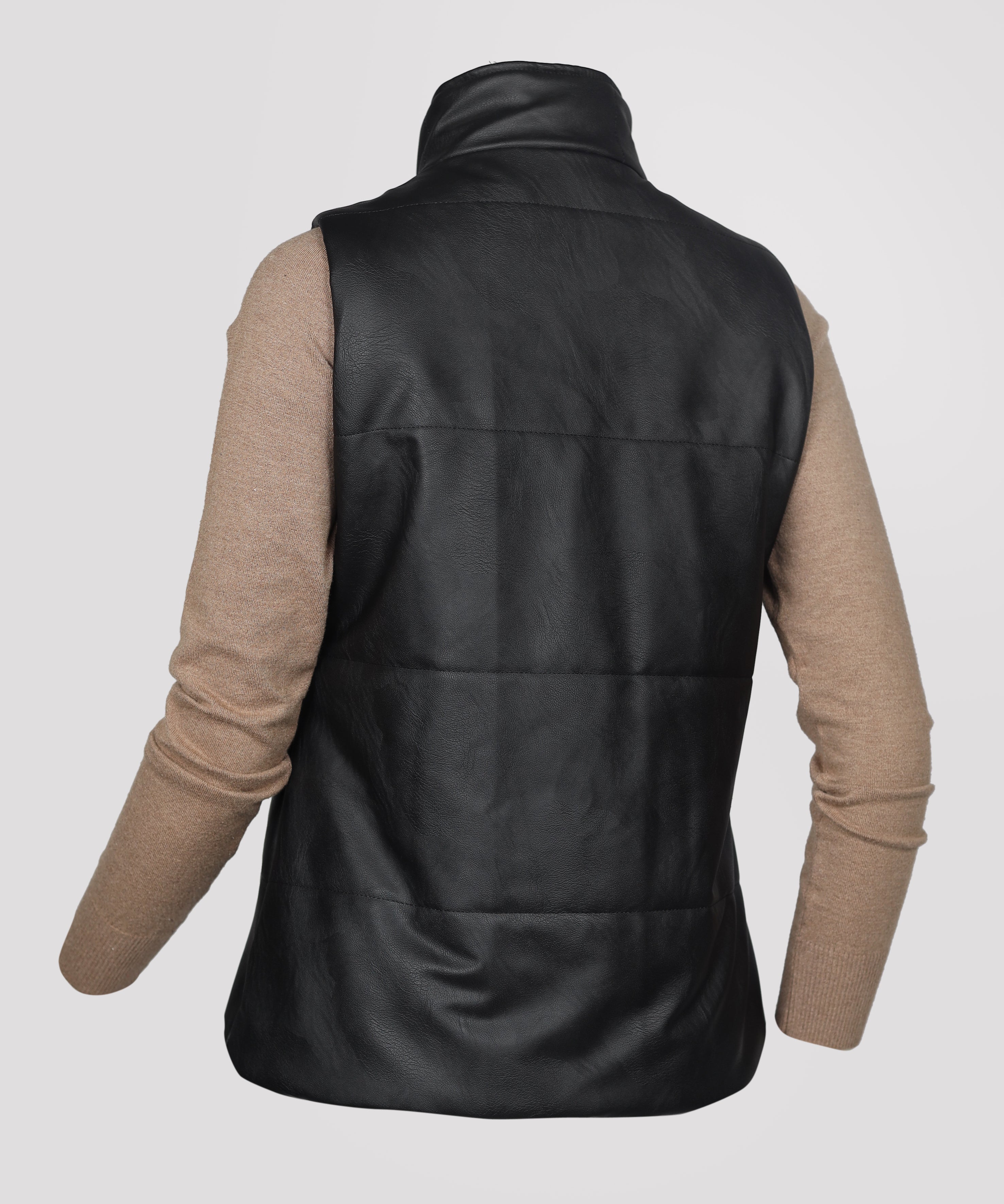 Sleeveless Jacket-Leather-BLACK