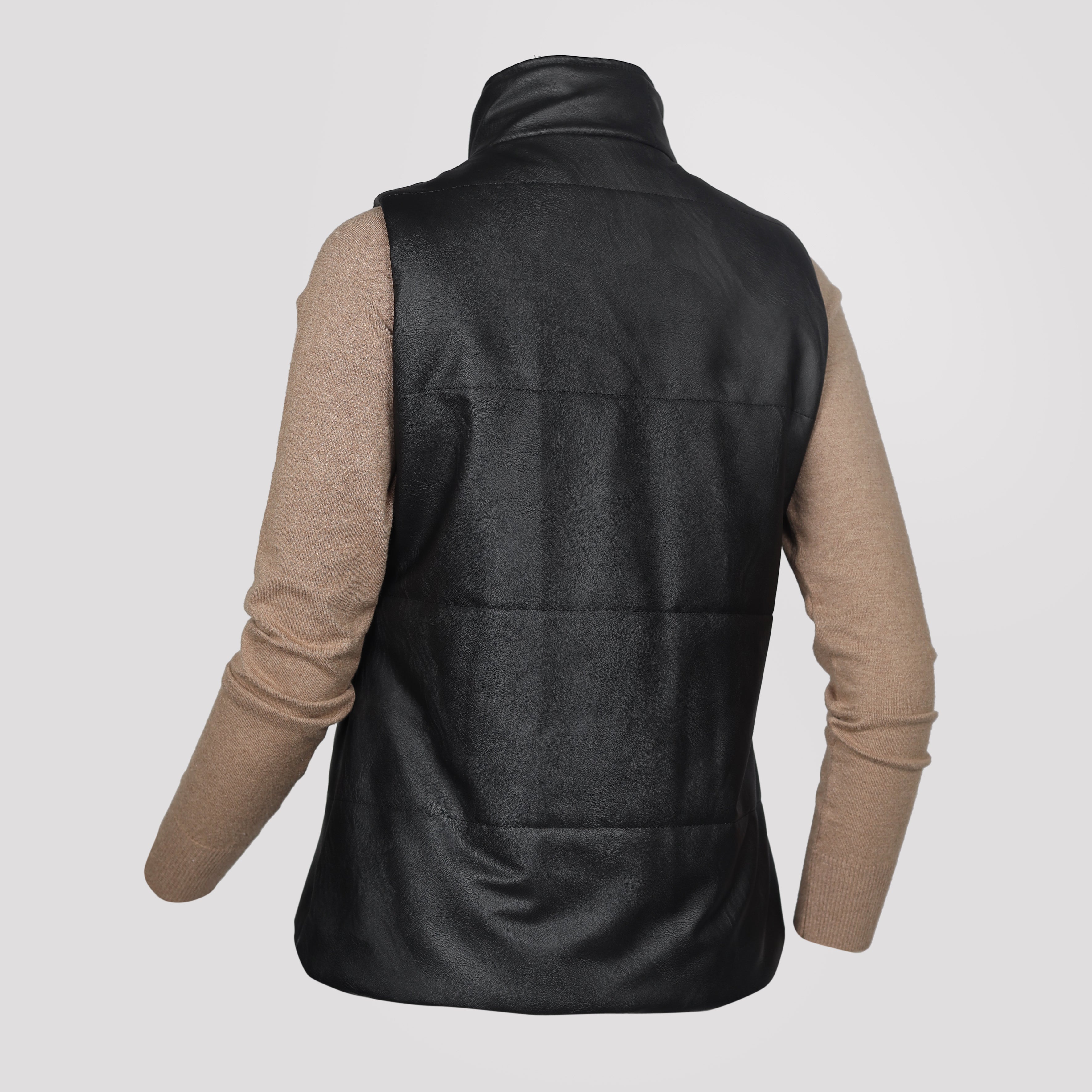 Sleeveless Jacket-Leather-BLACK