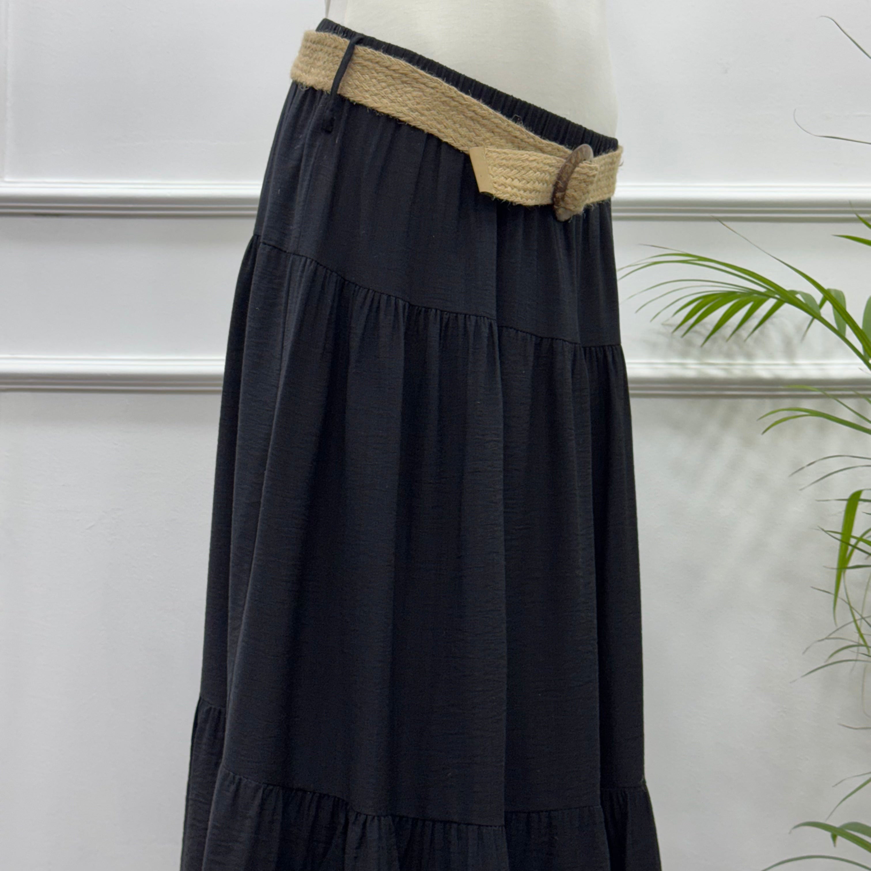 Tiered Maxi Skirt-Spanish Linen-Black