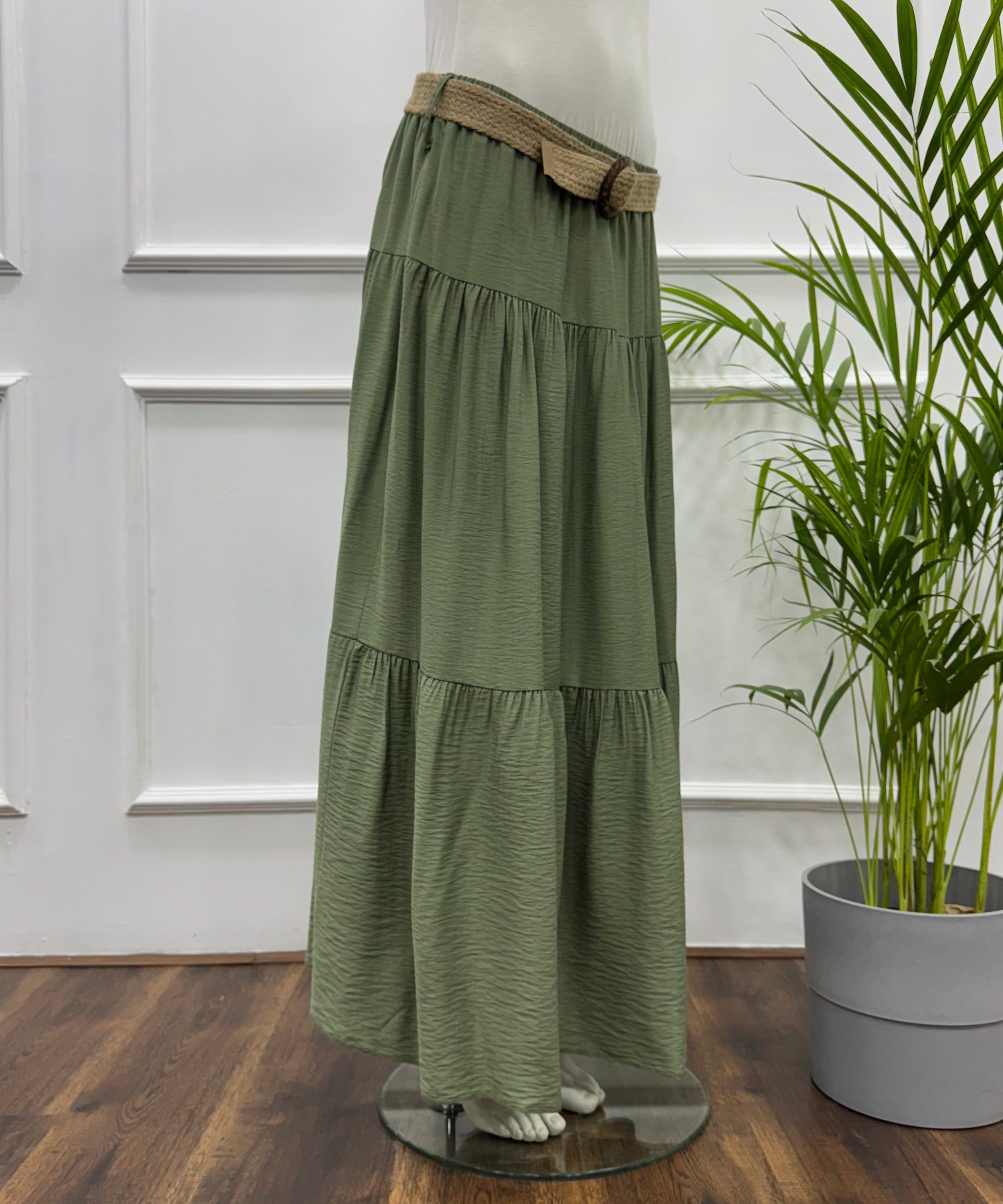 Tiered Maxi Skirt-Spanish Linen-Olive