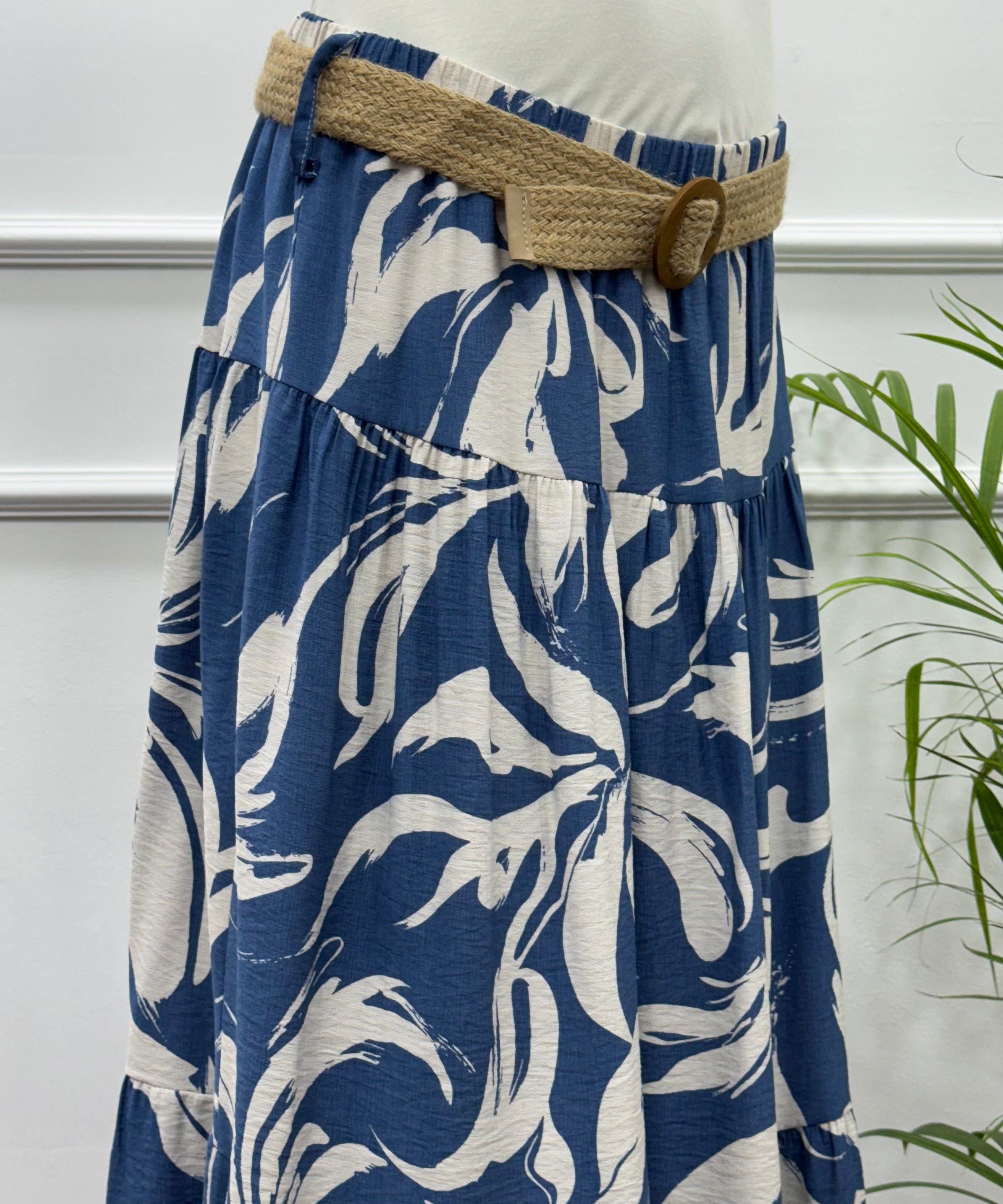 Tiered Maxi Patterned Skirt -Spanish Linen- Blue