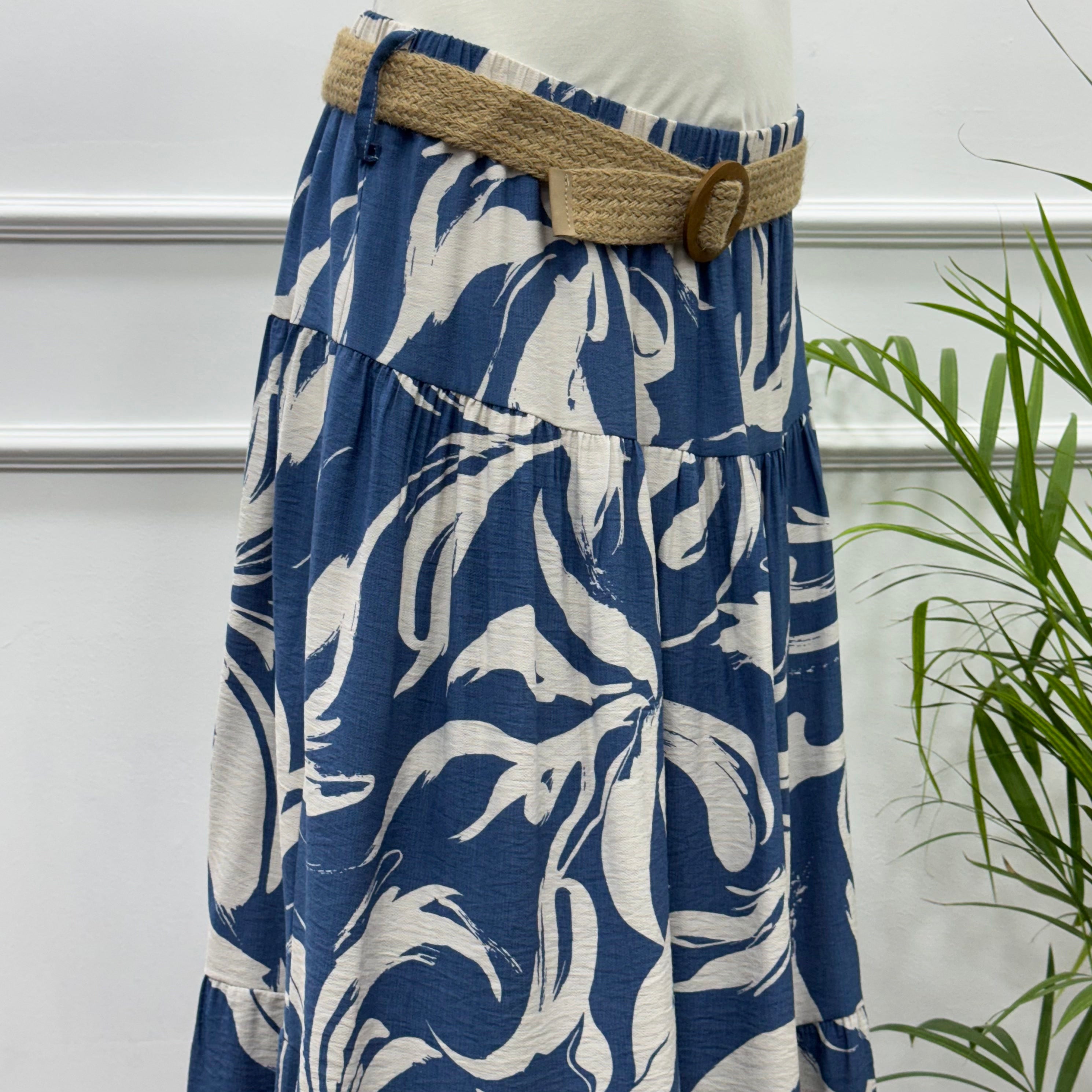 Tiered Maxi Patterned Skirt -Spanish Linen- Blue