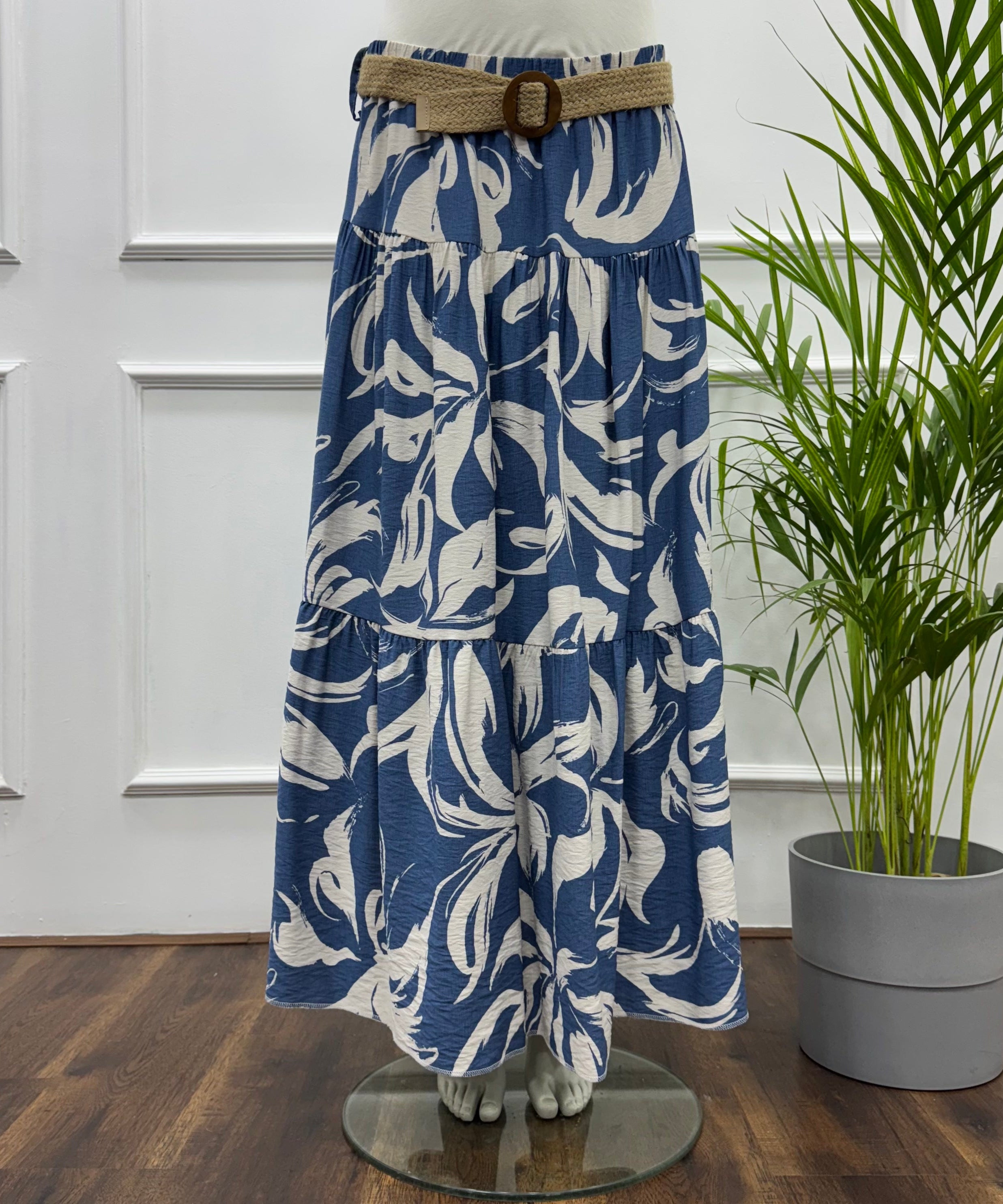 Tiered Maxi Patterned Skirt -Spanish linen- Blue