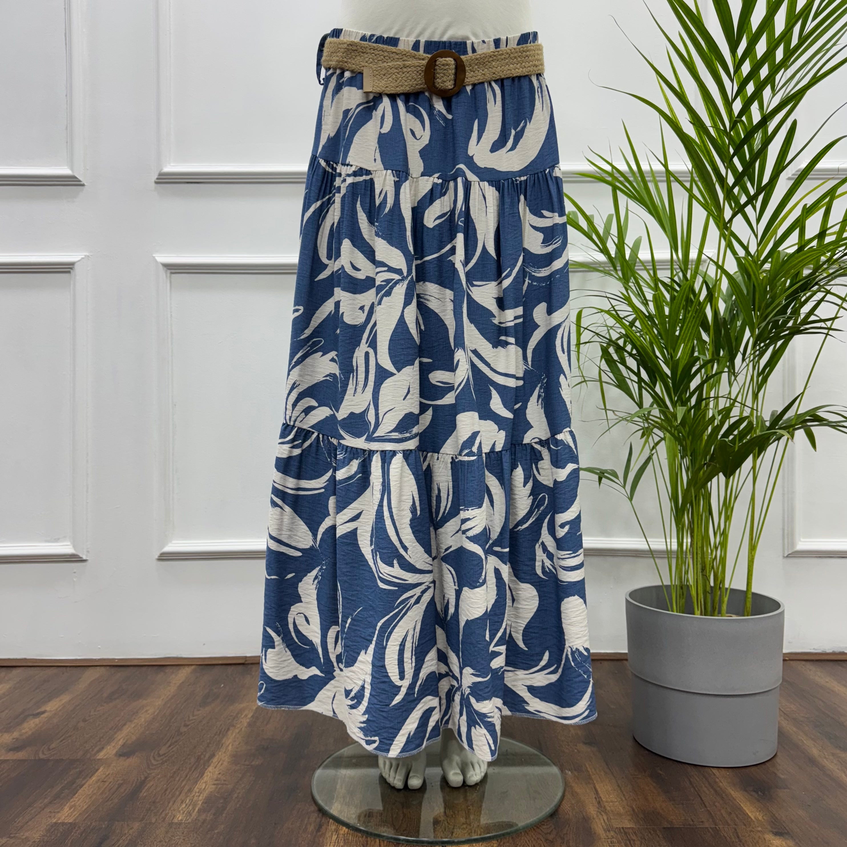 Tiered Maxi Patterned Skirt -Spanish Linen- Blue