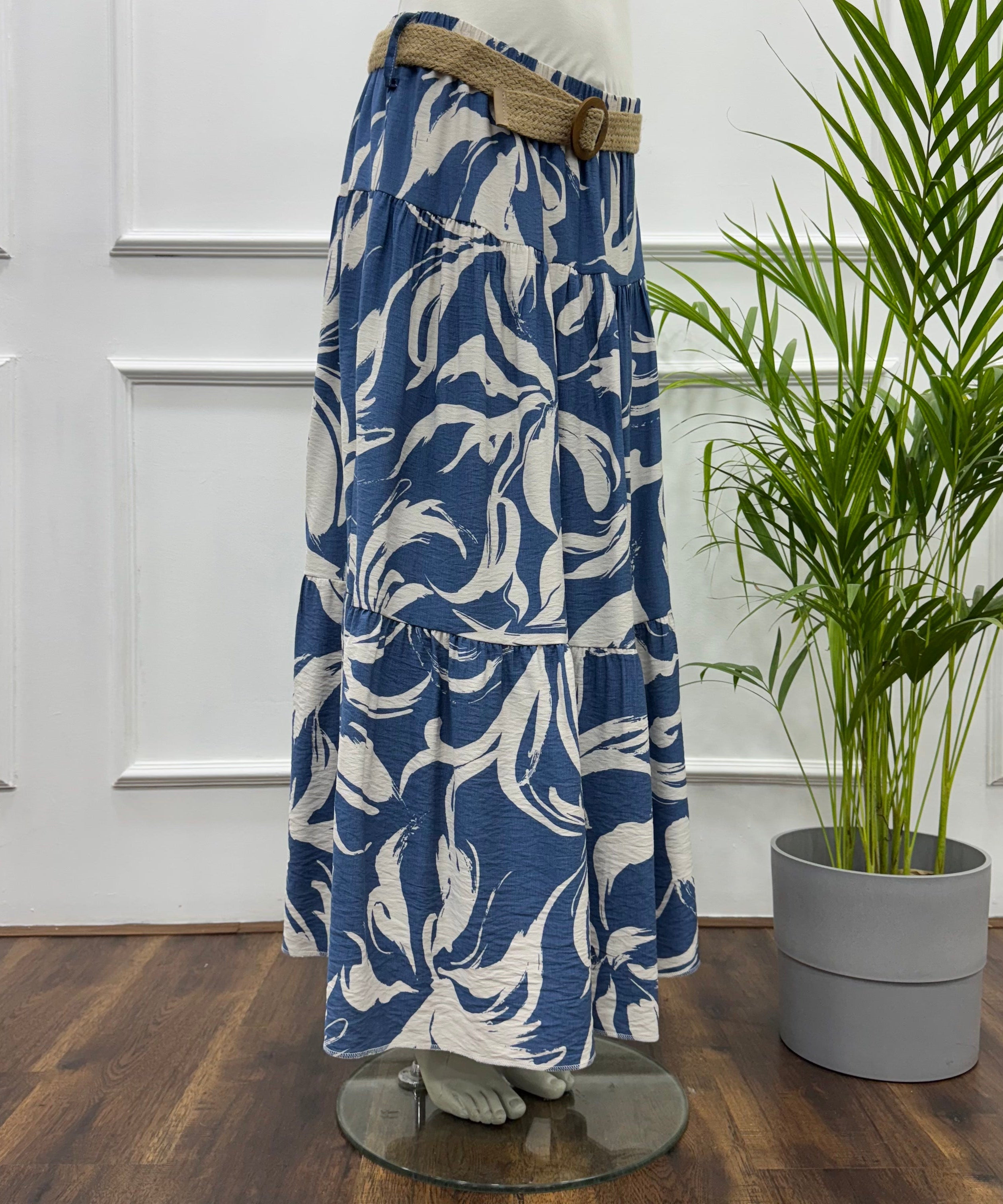Tiered Maxi Patterned Skirt -Spanish Linen- Blue