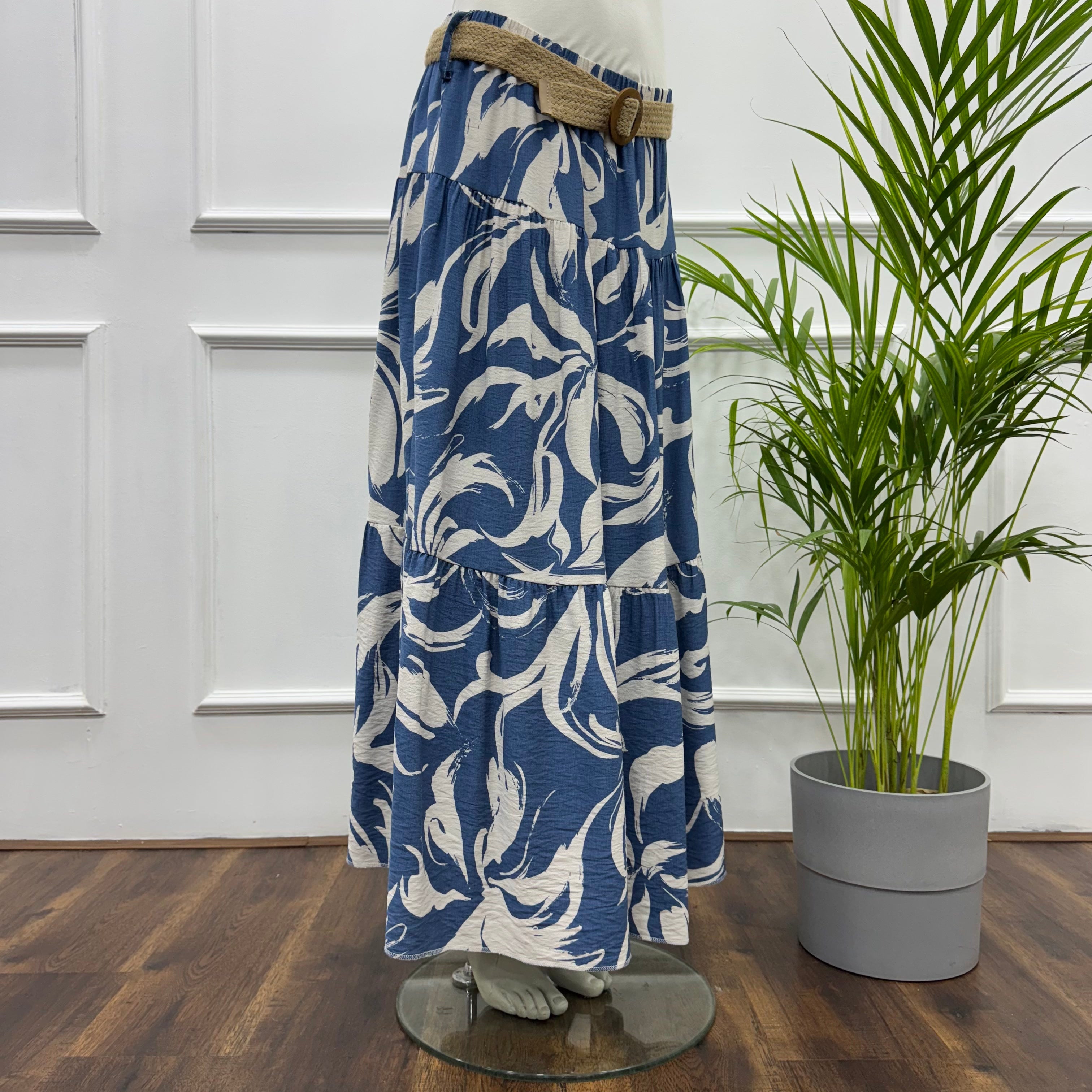 Tiered Maxi Patterned Skirt -Spanish Linen- Blue