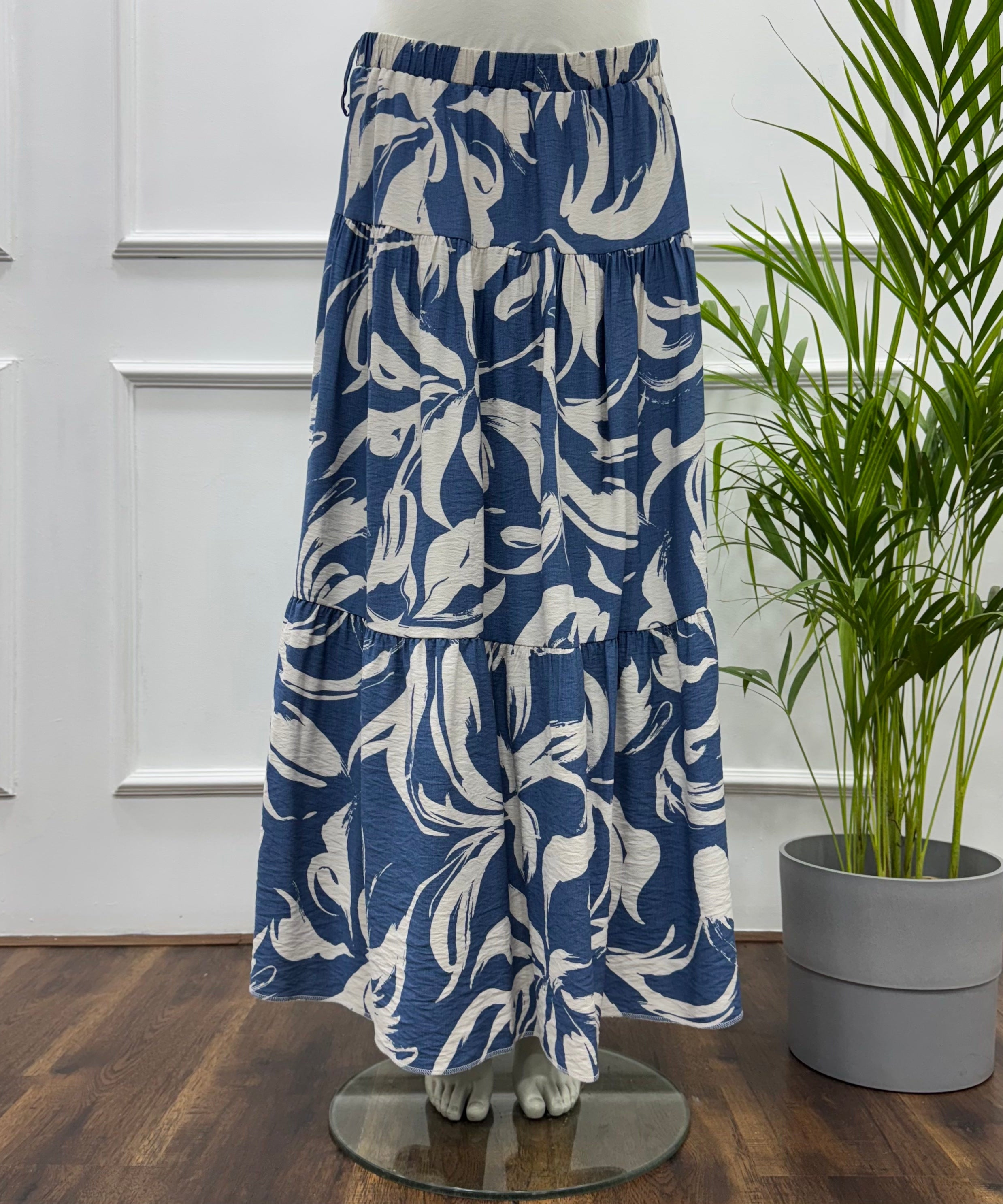 Tiered Maxi Patterned Skirt -Spanish Linen- Blue