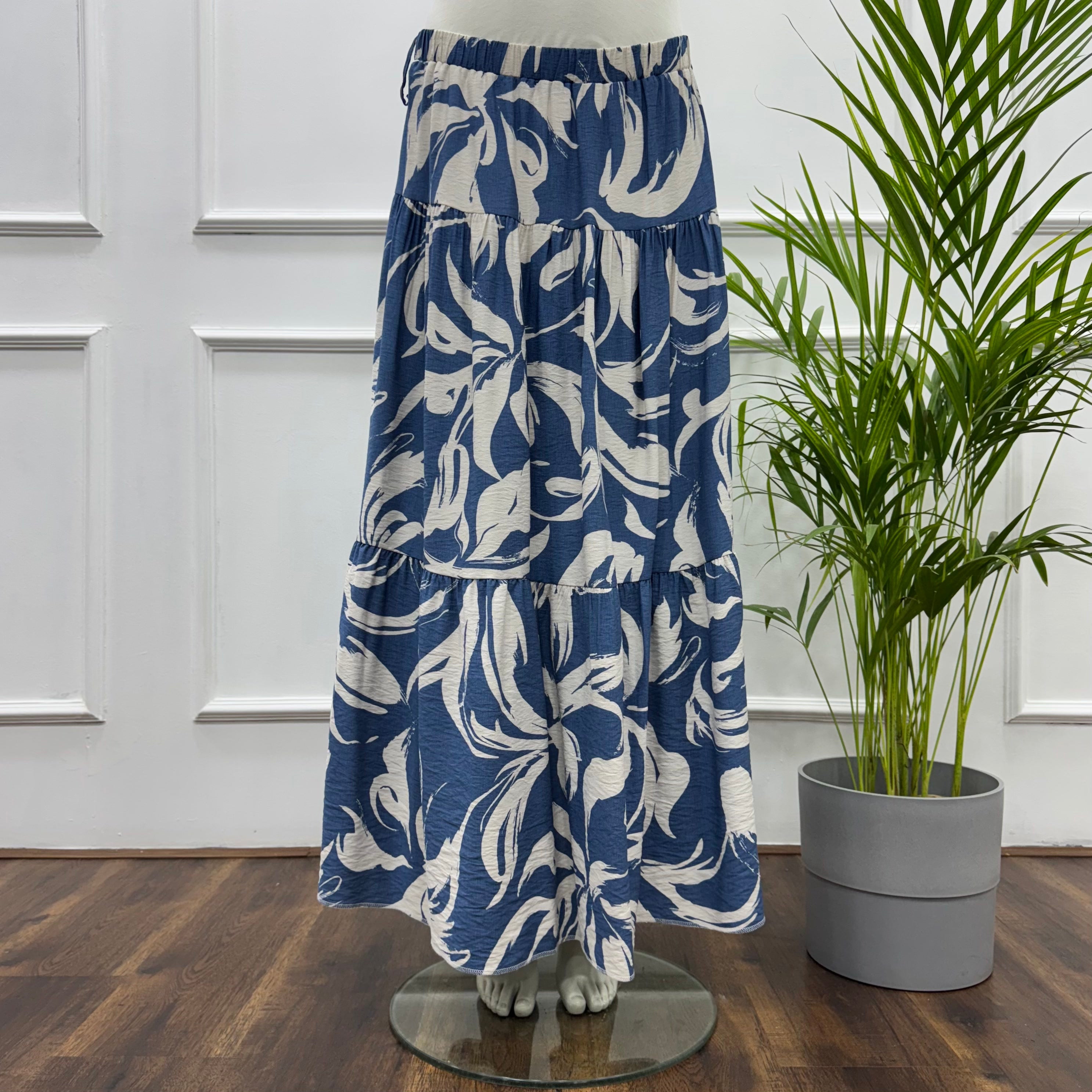 Tiered Maxi Patterned Skirt -Spanish Linen- Blue