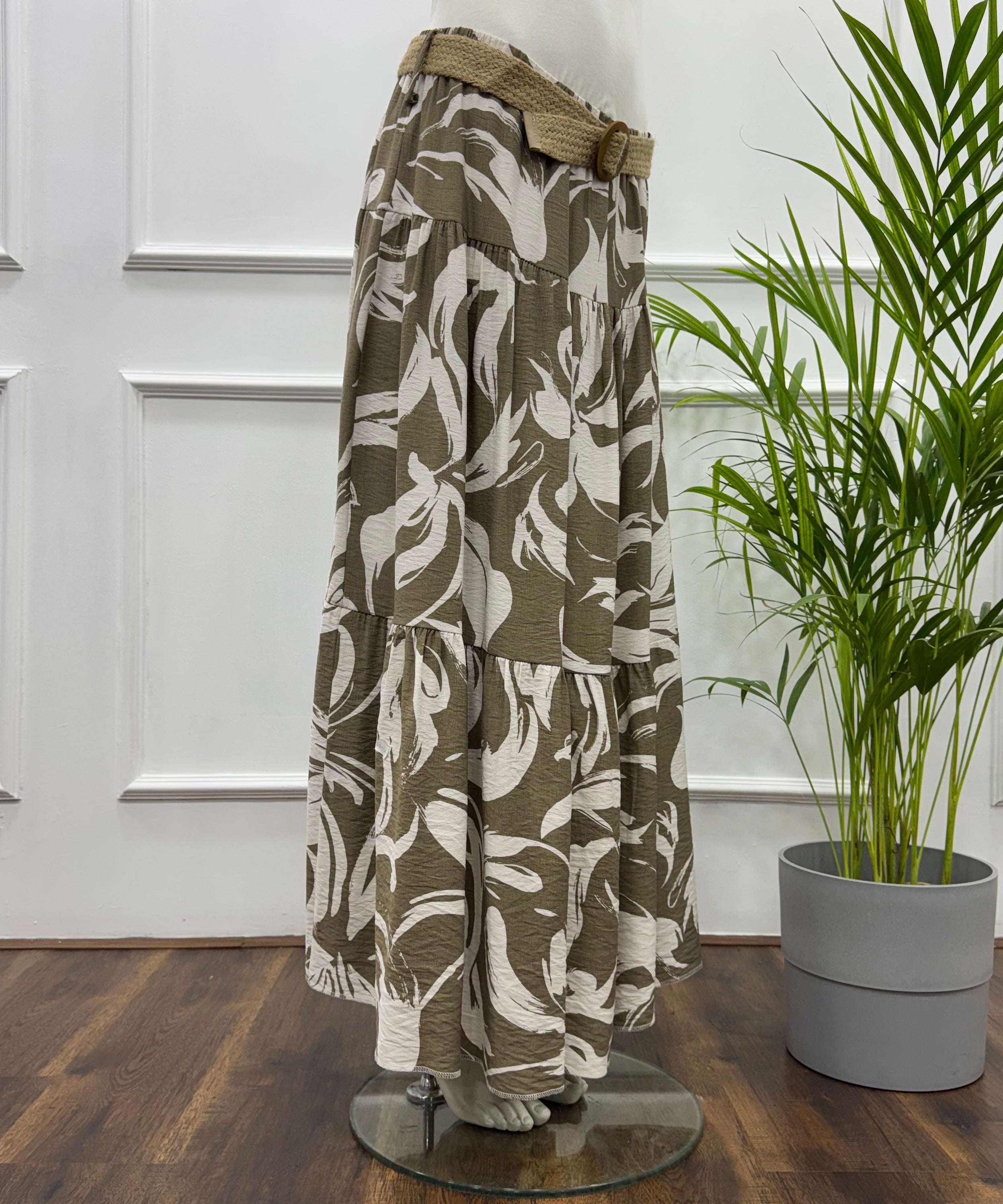 Tiered Maxi Patterned Skirt- Spanish Linen-Cafee