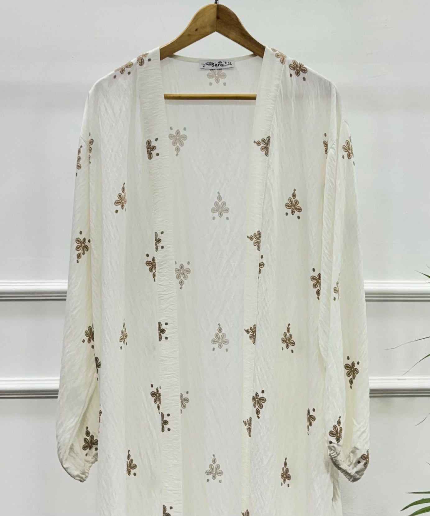 Long Open-front Border Printed Kimono cardigan-Spanish Linen-Cafee