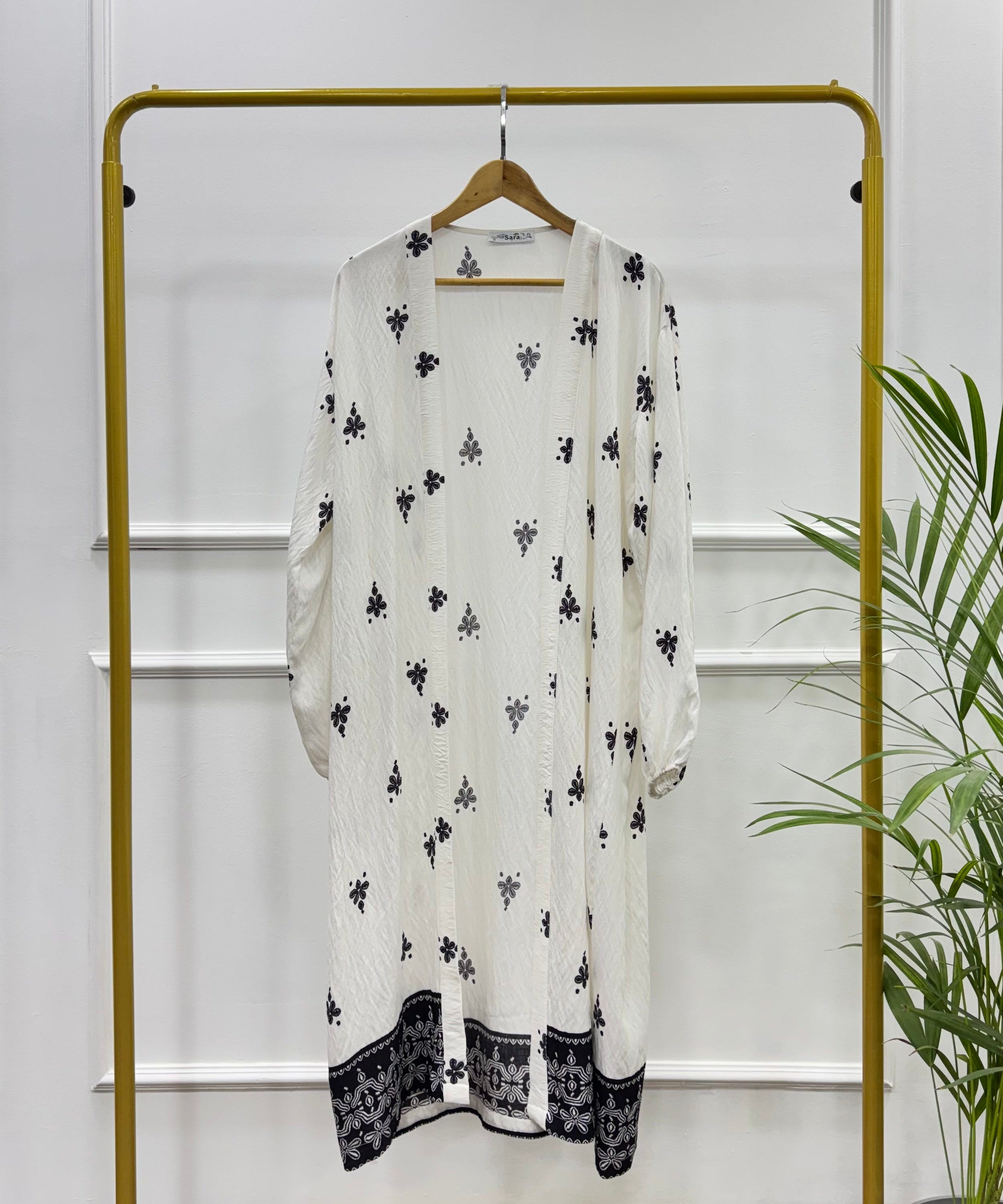 Long Open-front Border Printed Kimono cardigan-Spanish Linen-Black