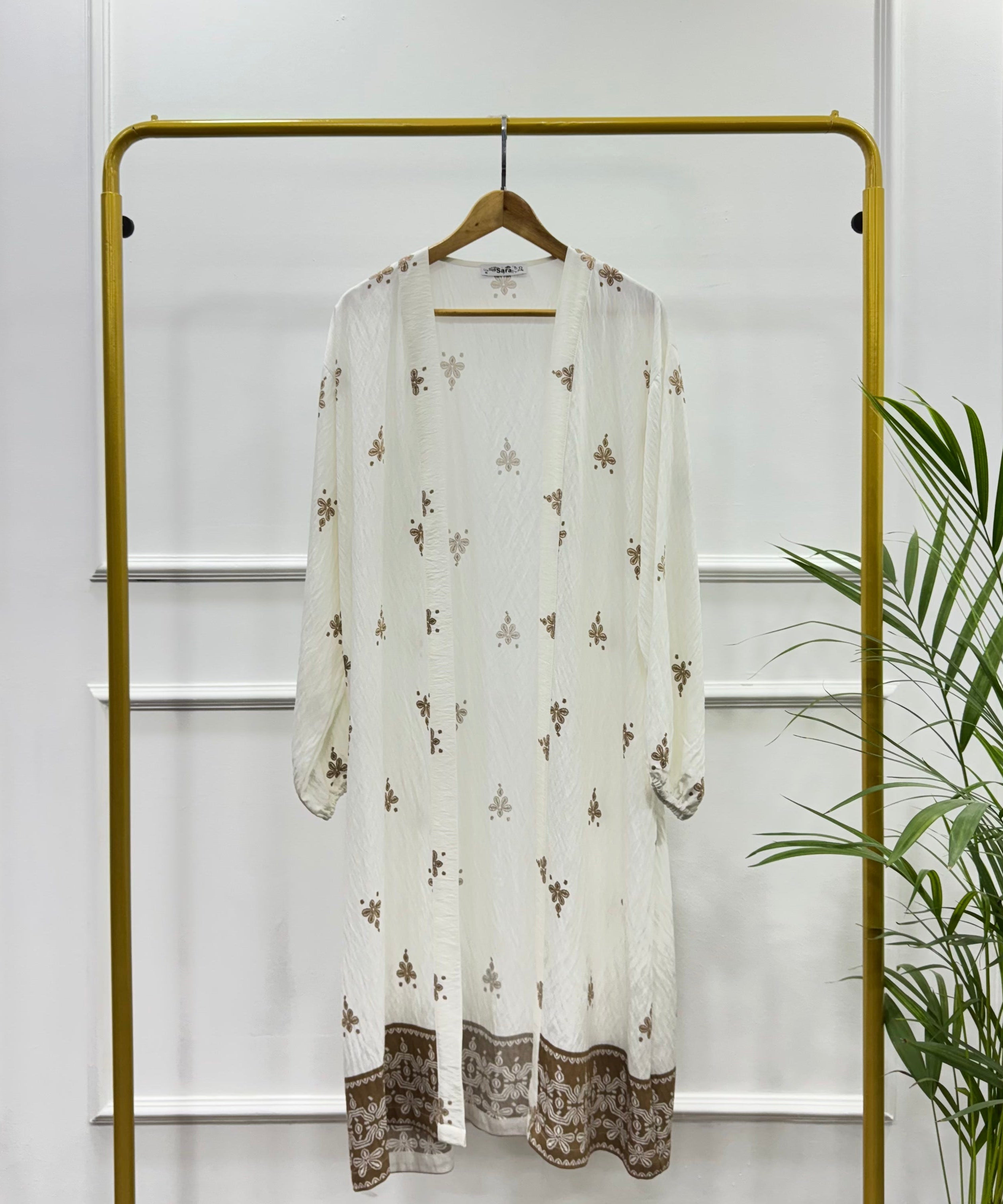 Long Open-front Border Printed Kimono cardigan-Spanish Linen-Cafee