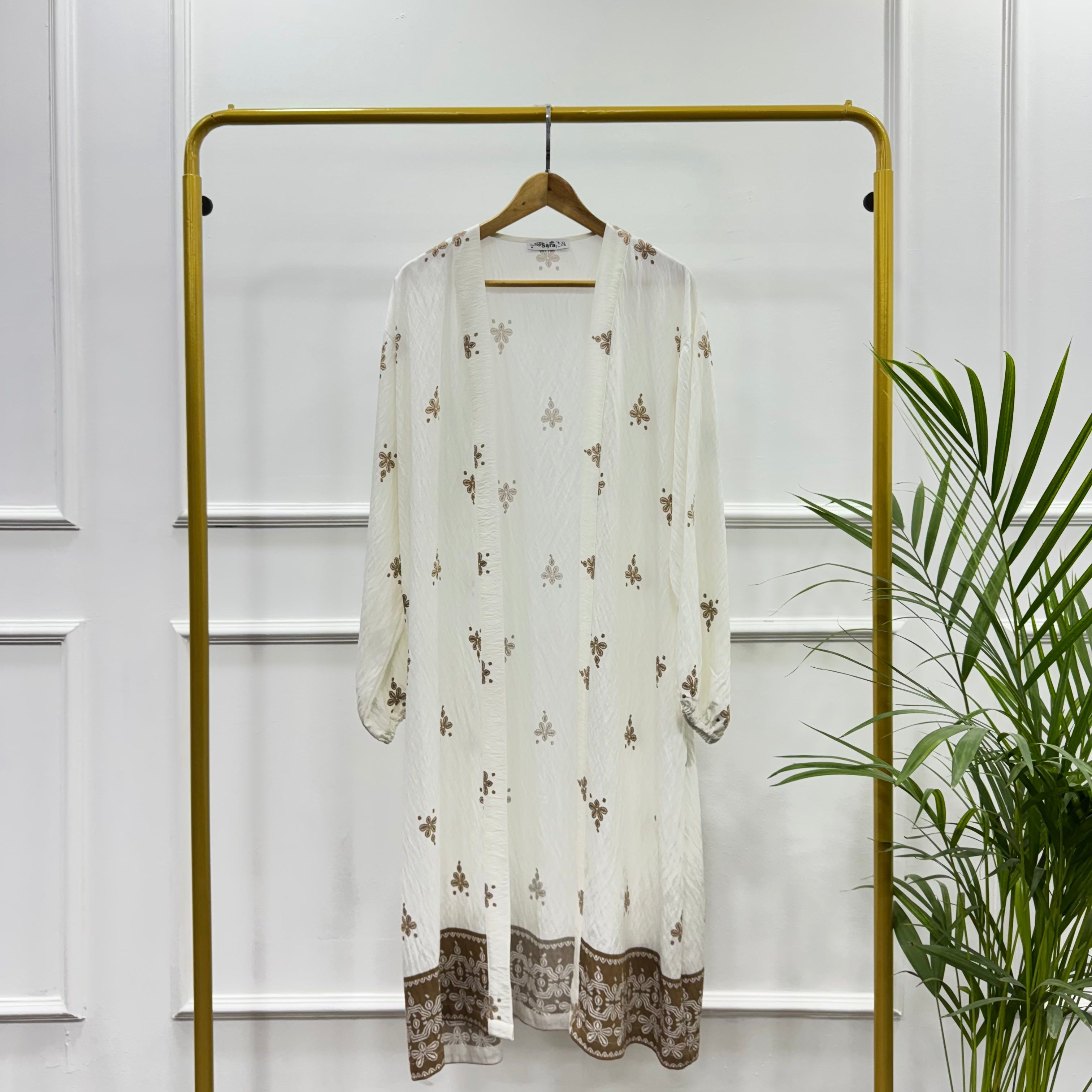 Long Open-front Border Printed Kimono cardigan-Spanish Linen-Cafee