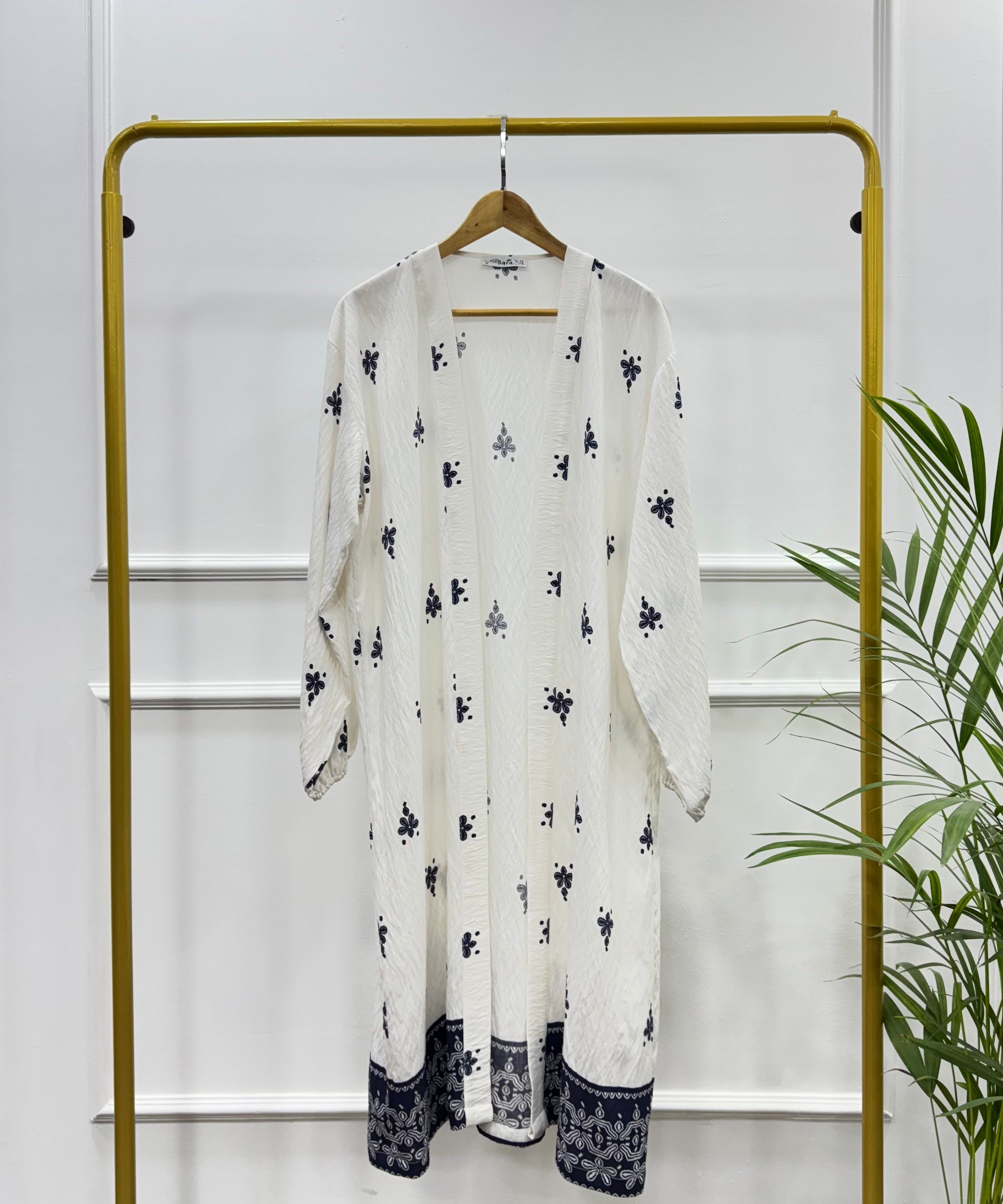 Long Open-front Border Printed Kimono cardigan-Spanish Linen-Navy