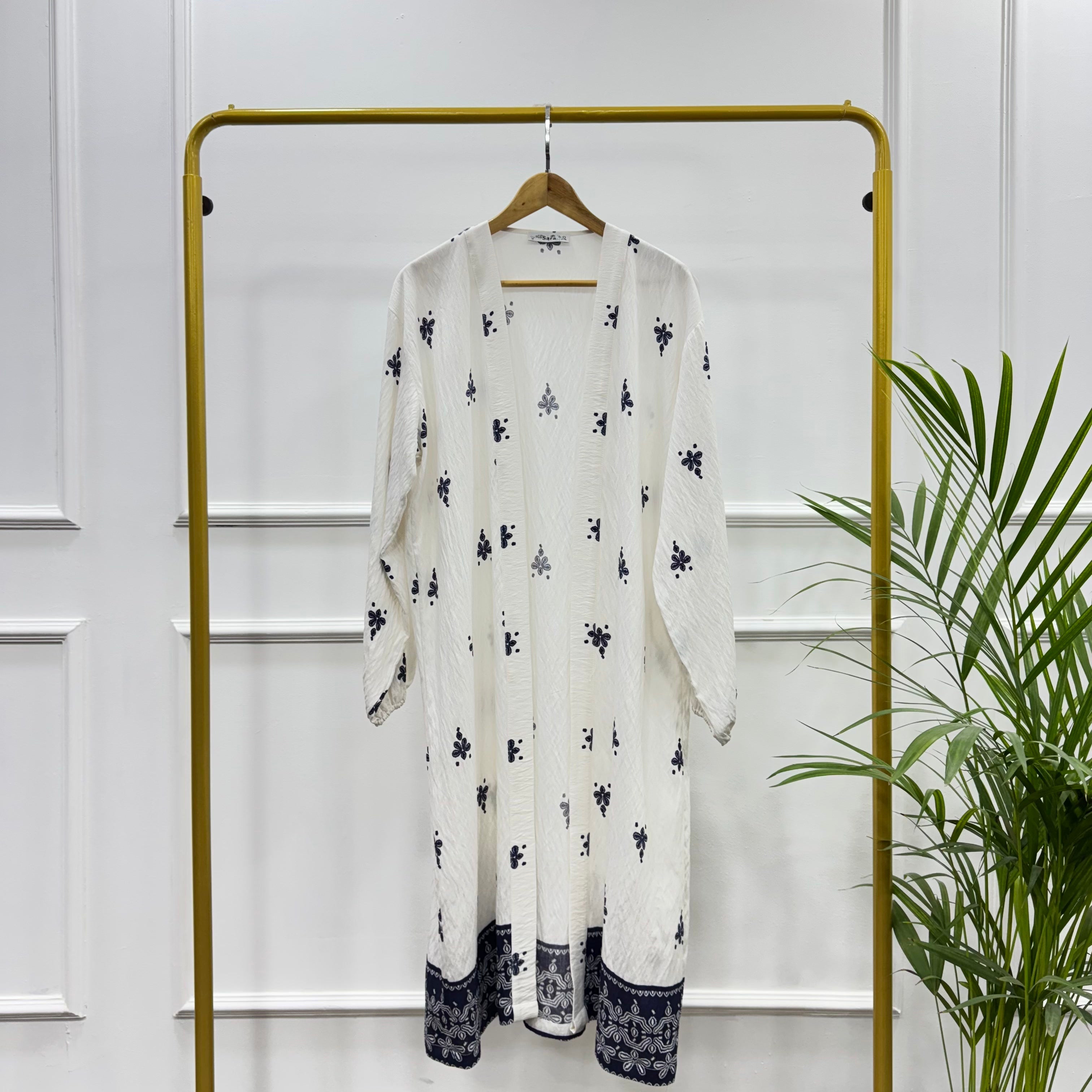 Long Open-front Border Printed Kimono cardigan-Spanish Linen-Navy