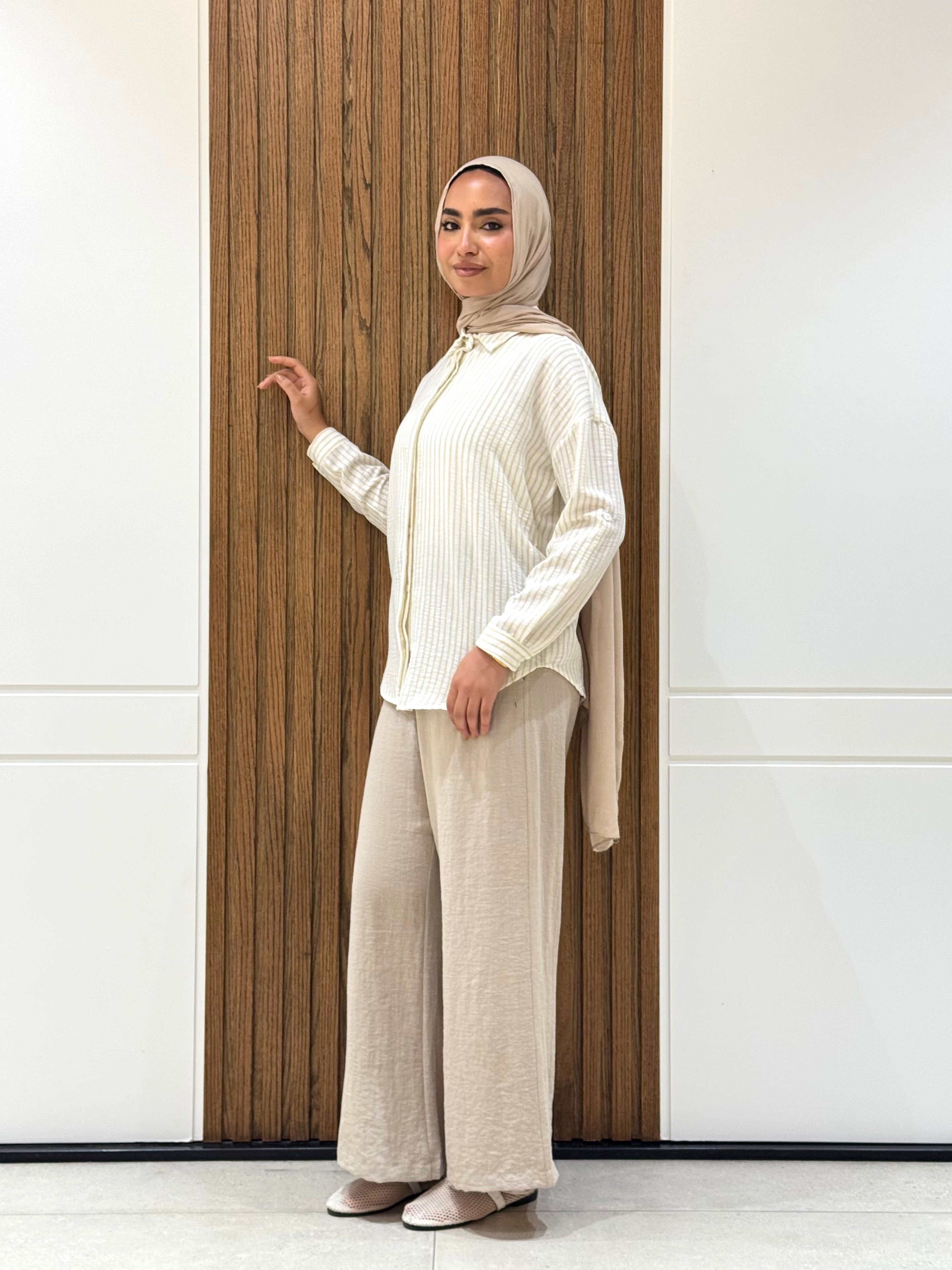 Striped Casual Shirt-Spanish Linen-Beige