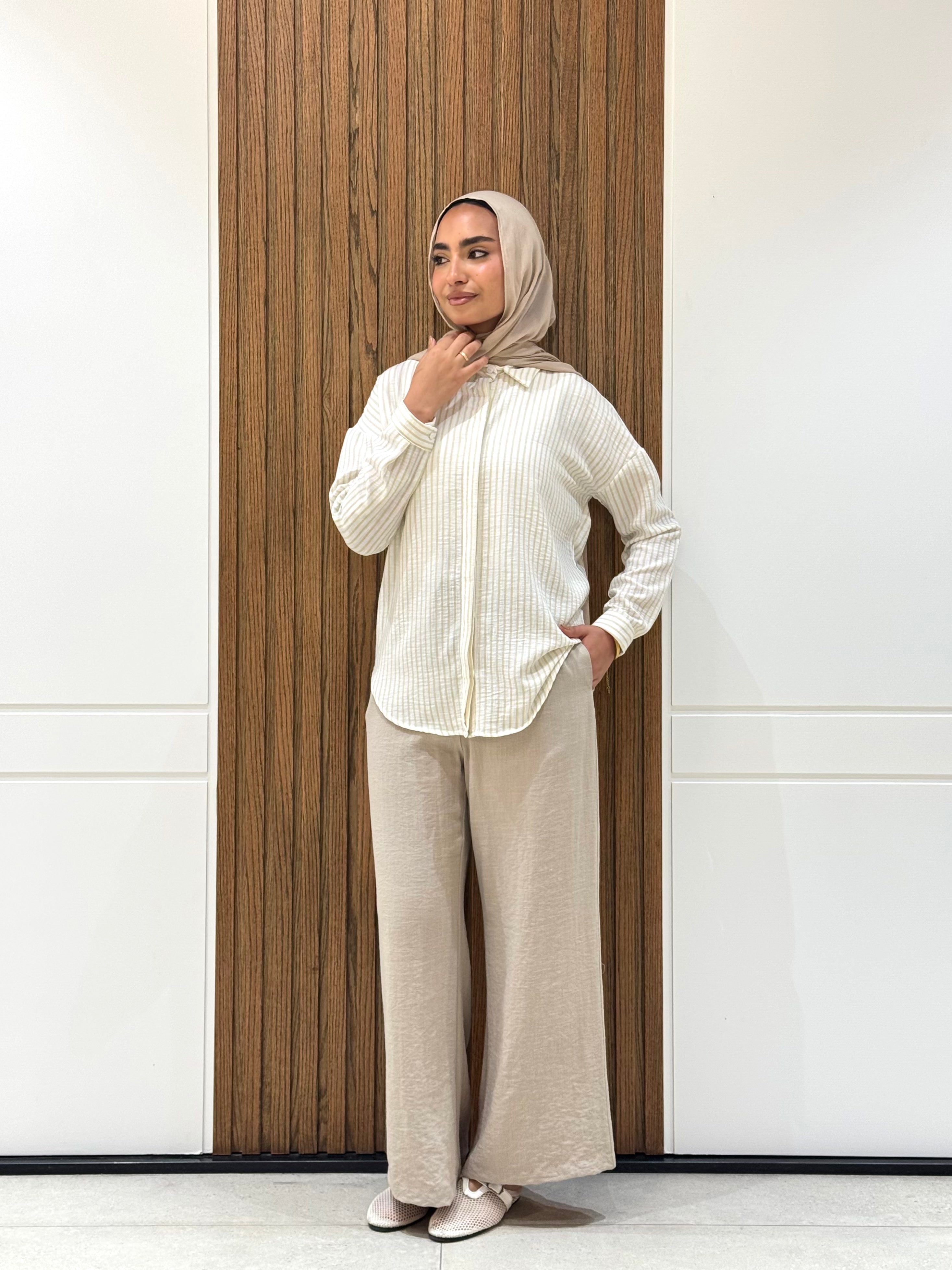 Striped Casual Shirt-Spanish Linen-Beige
