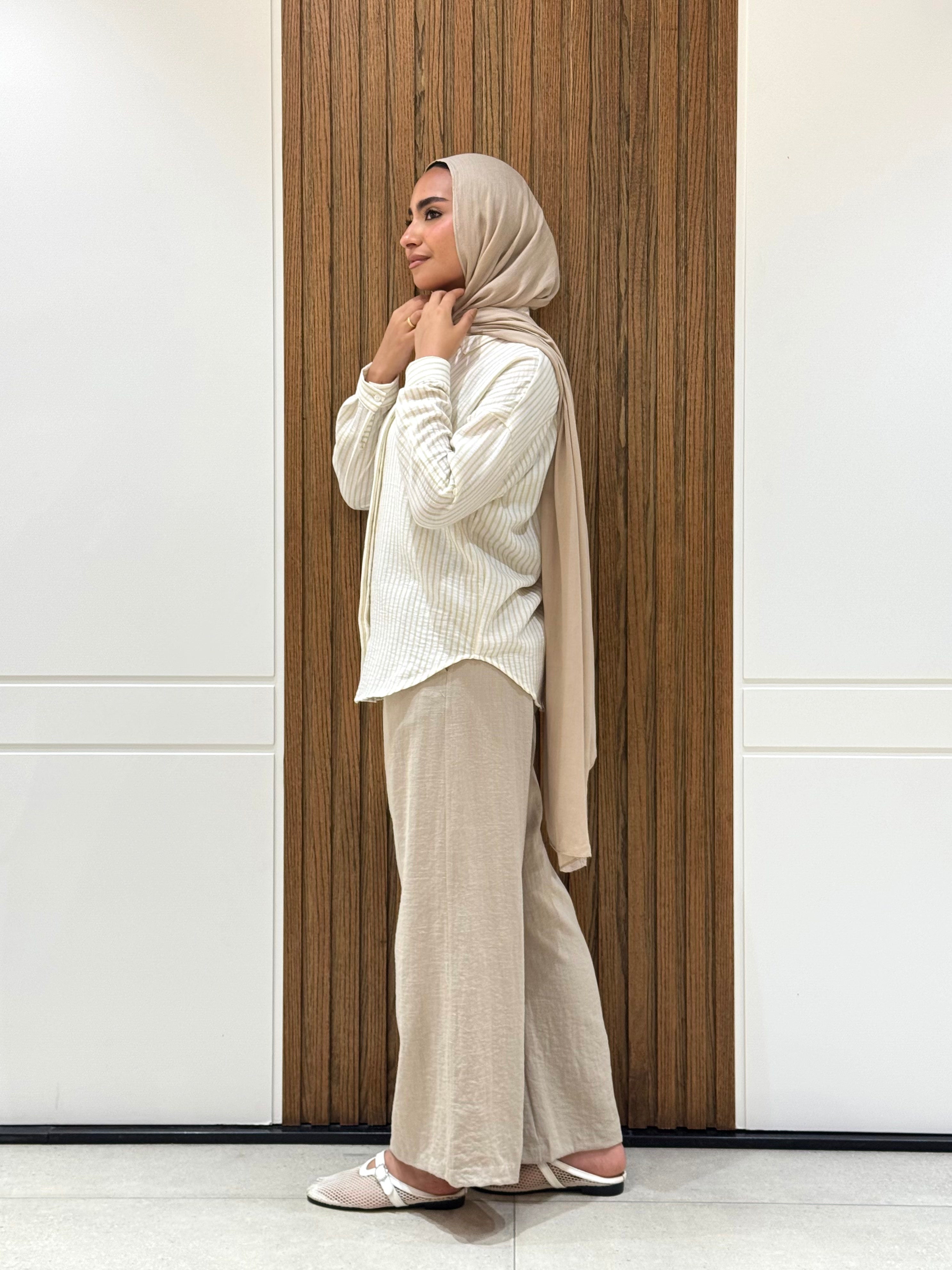 Striped Casual Shirt-Spanish Linen-Beige