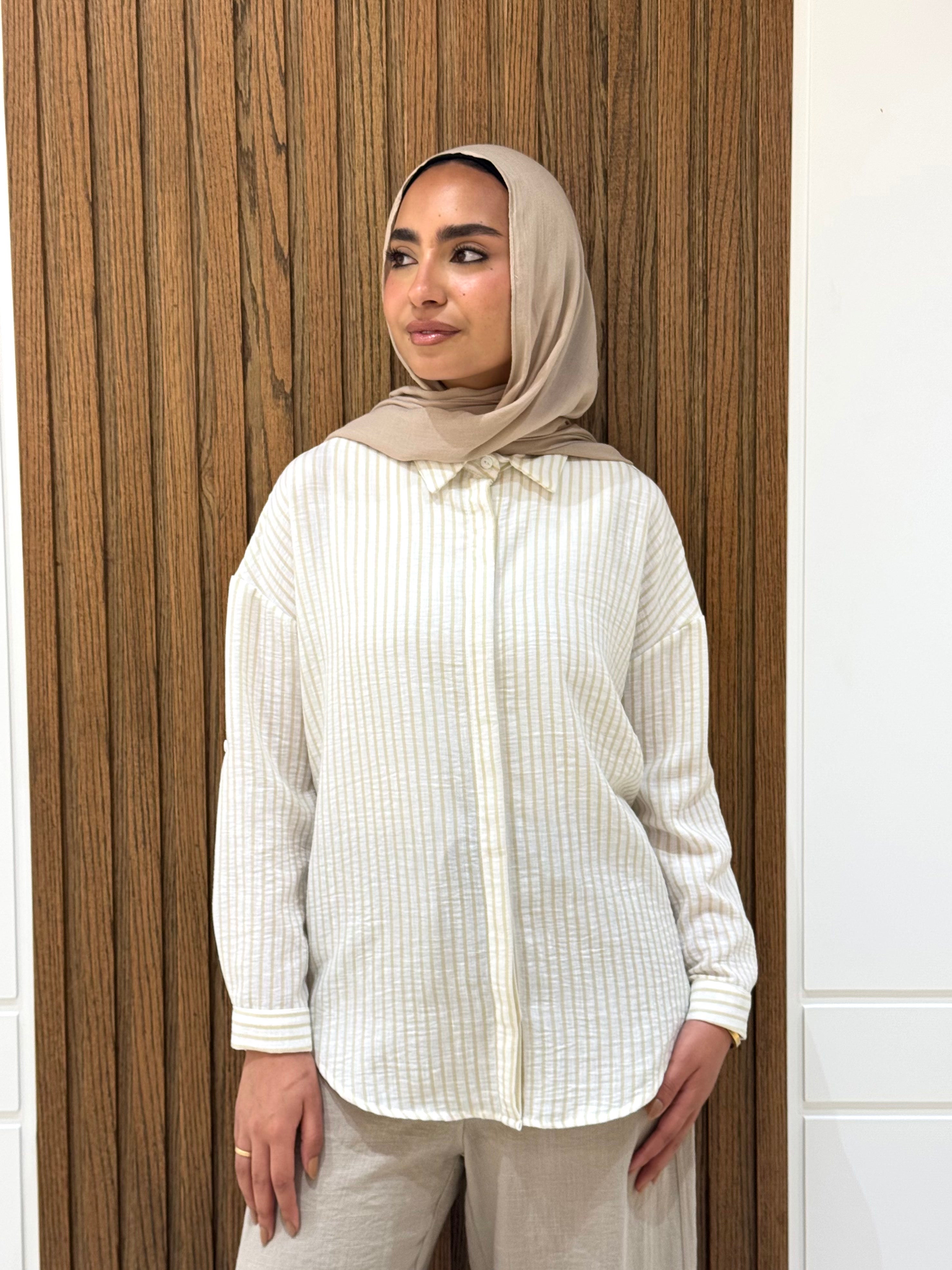 Striped Casual Shirt-Spanish Linen-Beige