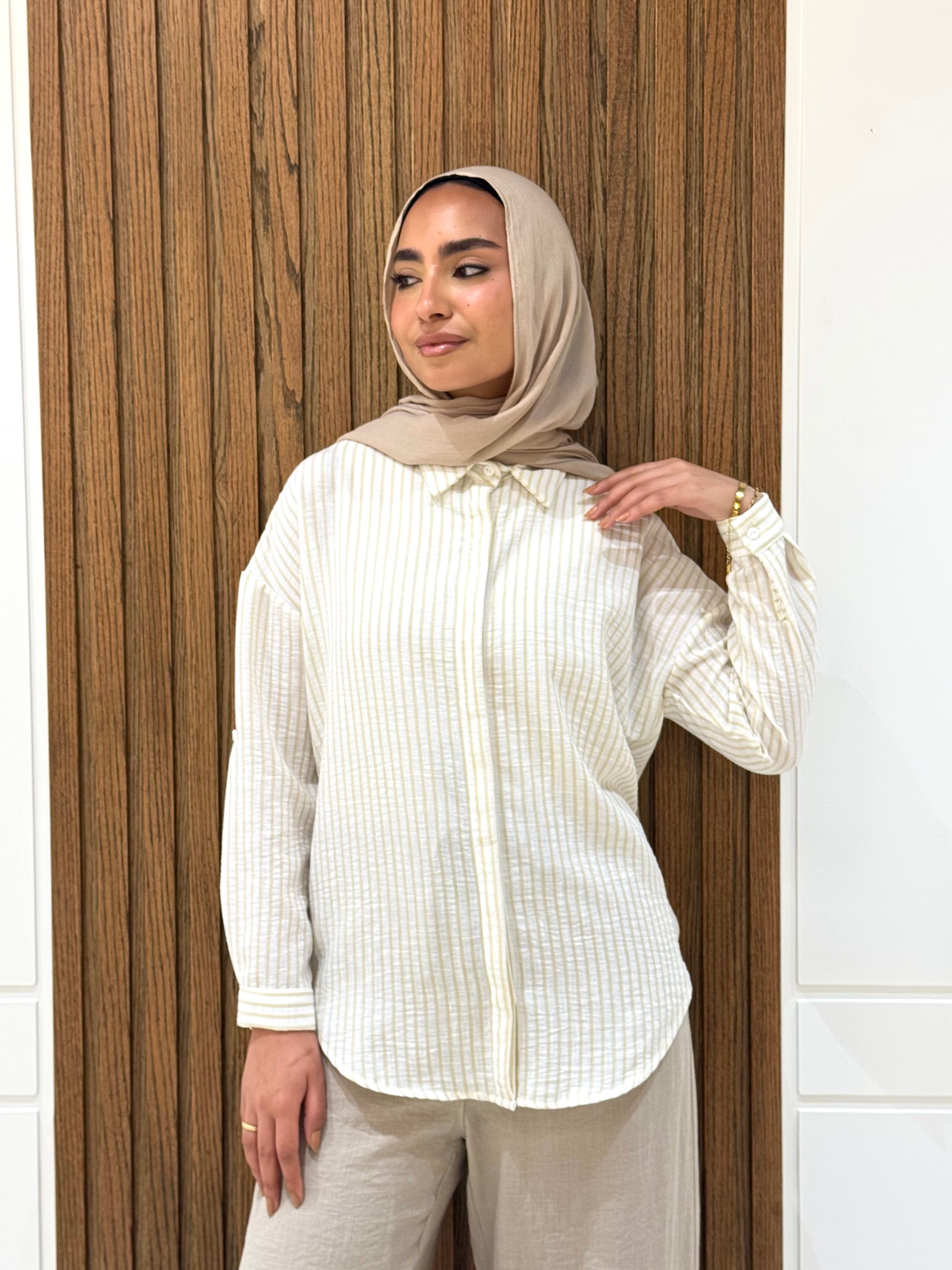 Striped Casual Shirt-Spanish Linen-Beige