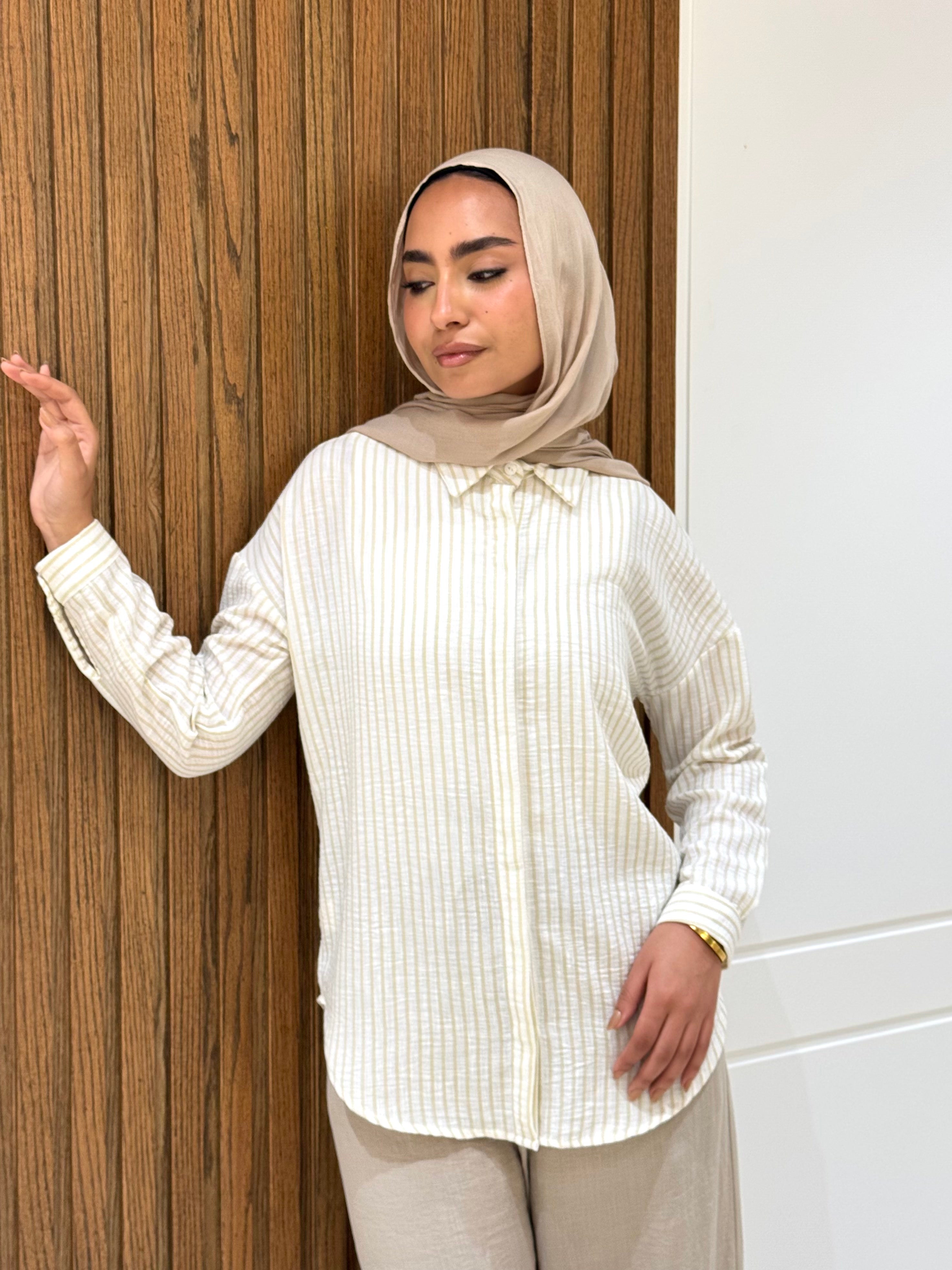 Striped Casual Shirt-Spanish Linen-Beige
