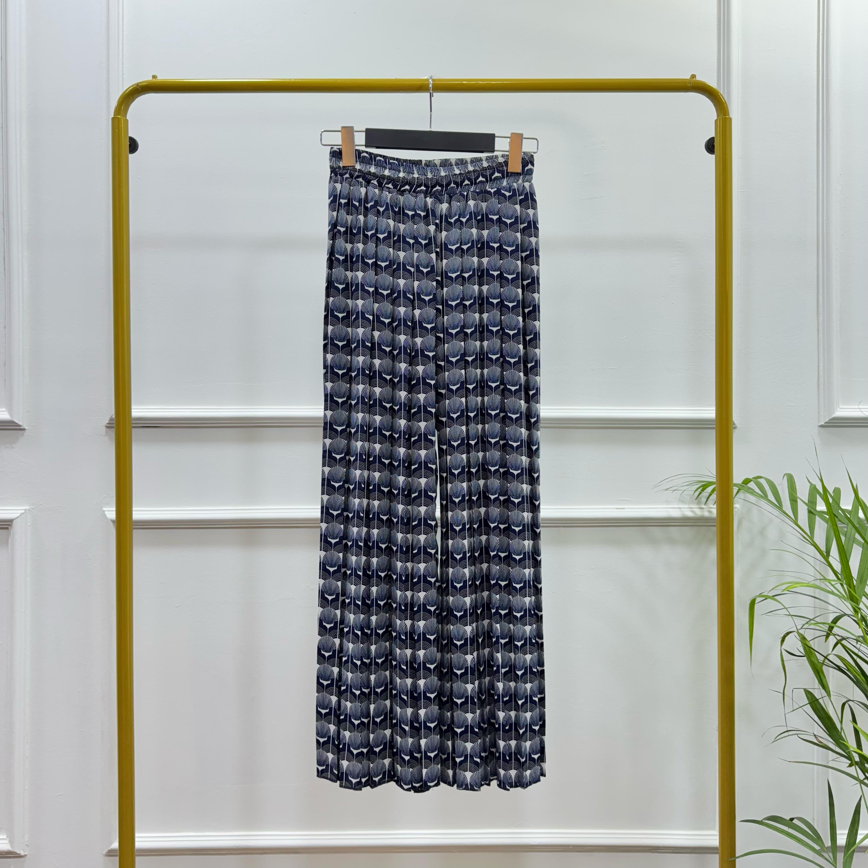 Printed Fully Pleated Trousers-Chiffon-Navy