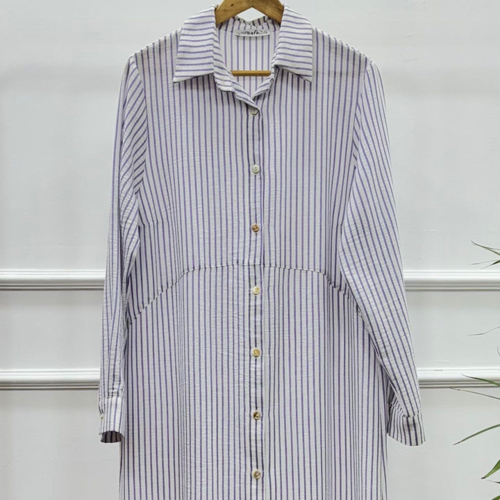 فستان مقلم-كتان اسباني-موف