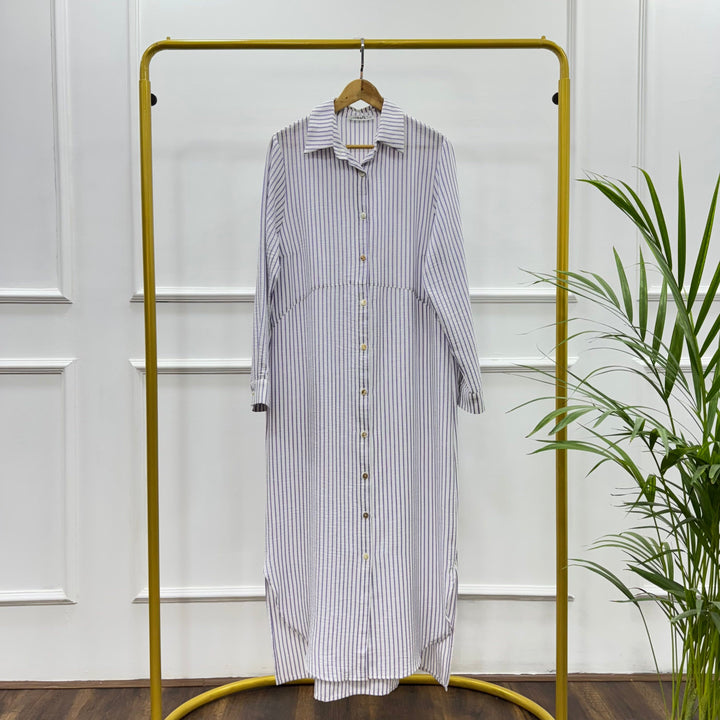 فستان مقلم-كتان اسباني-موف