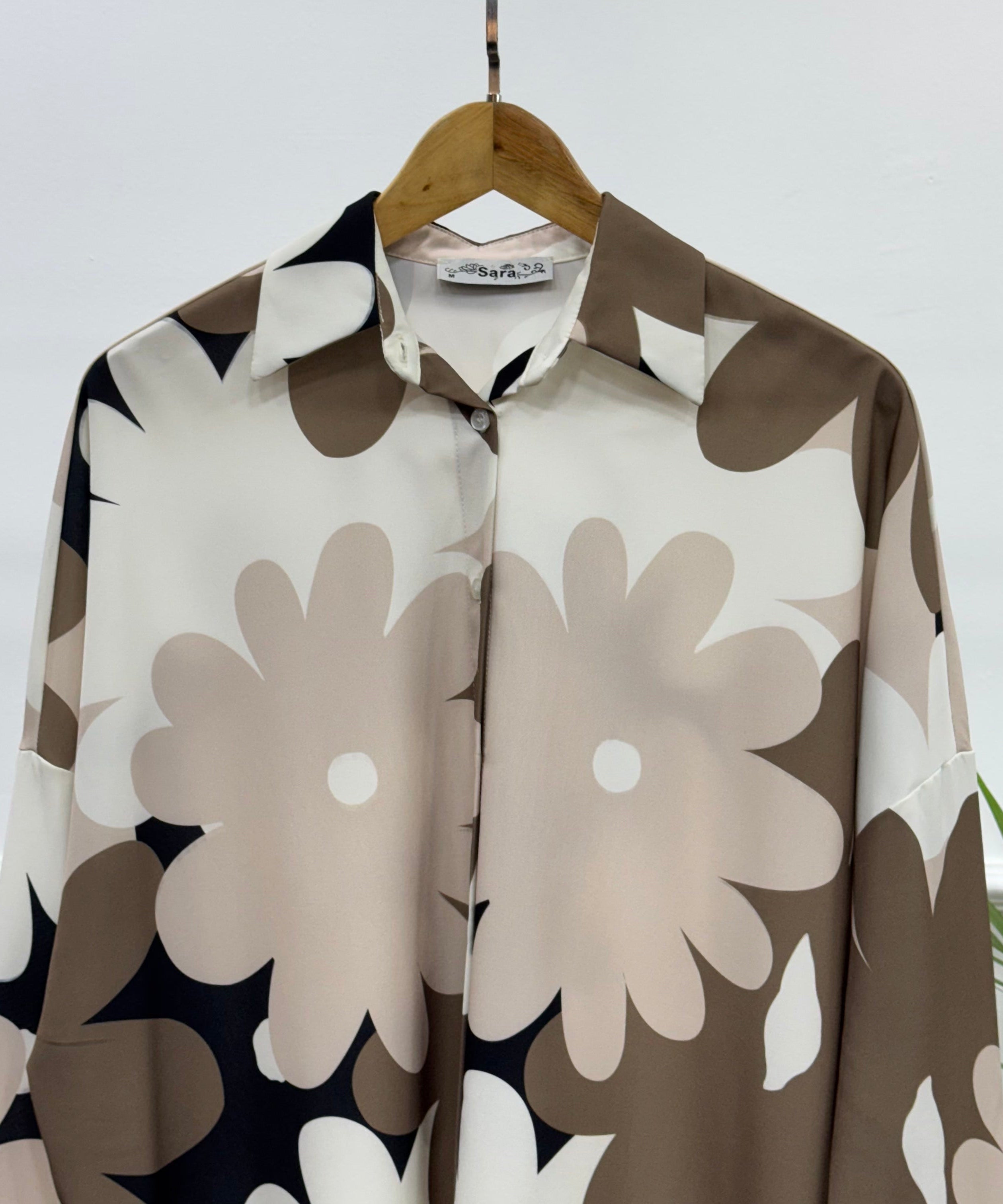Oversized Floral Shirt-Chiffon Crepe-Beige