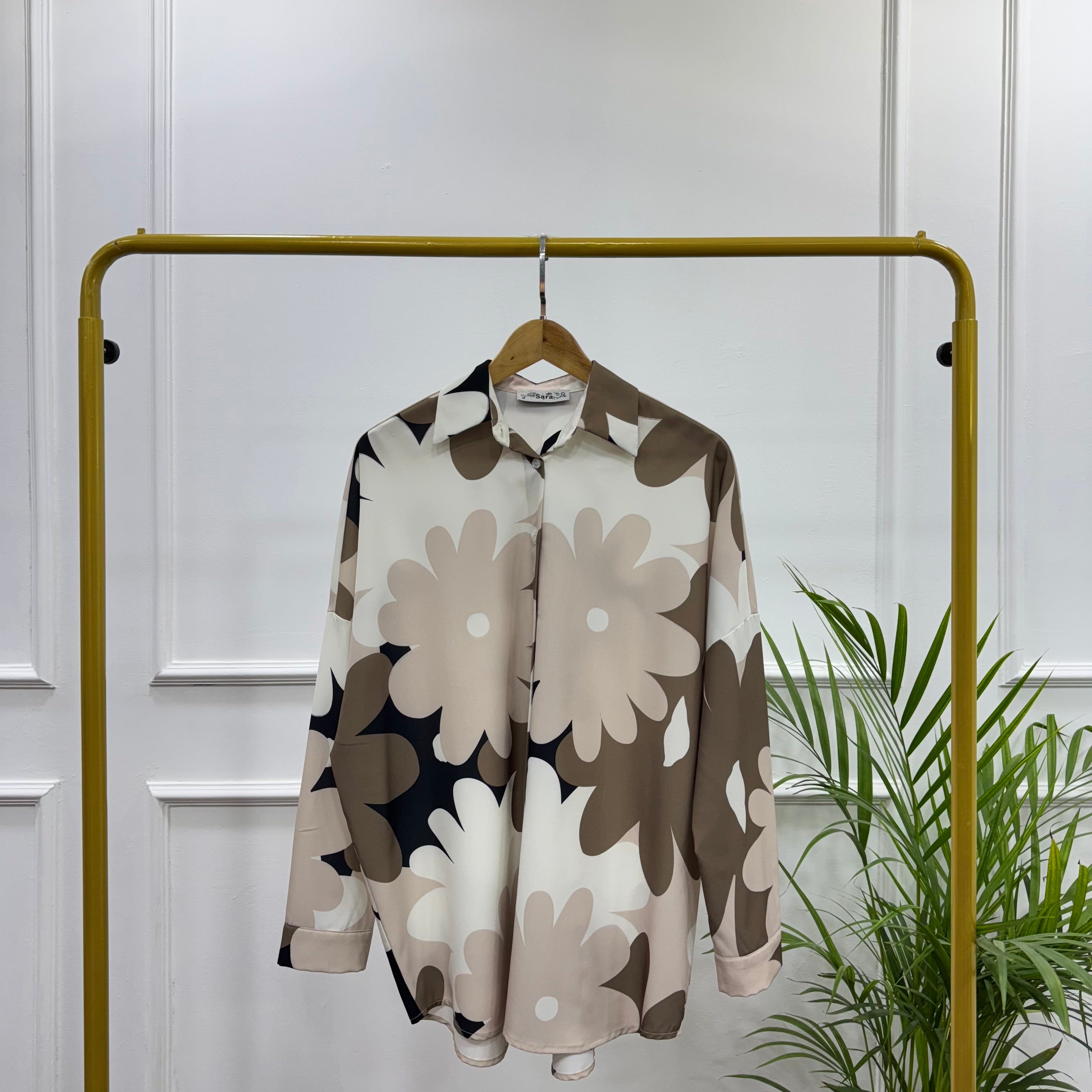 Oversized Floral Shirt-Chiffon Crepe-Beige